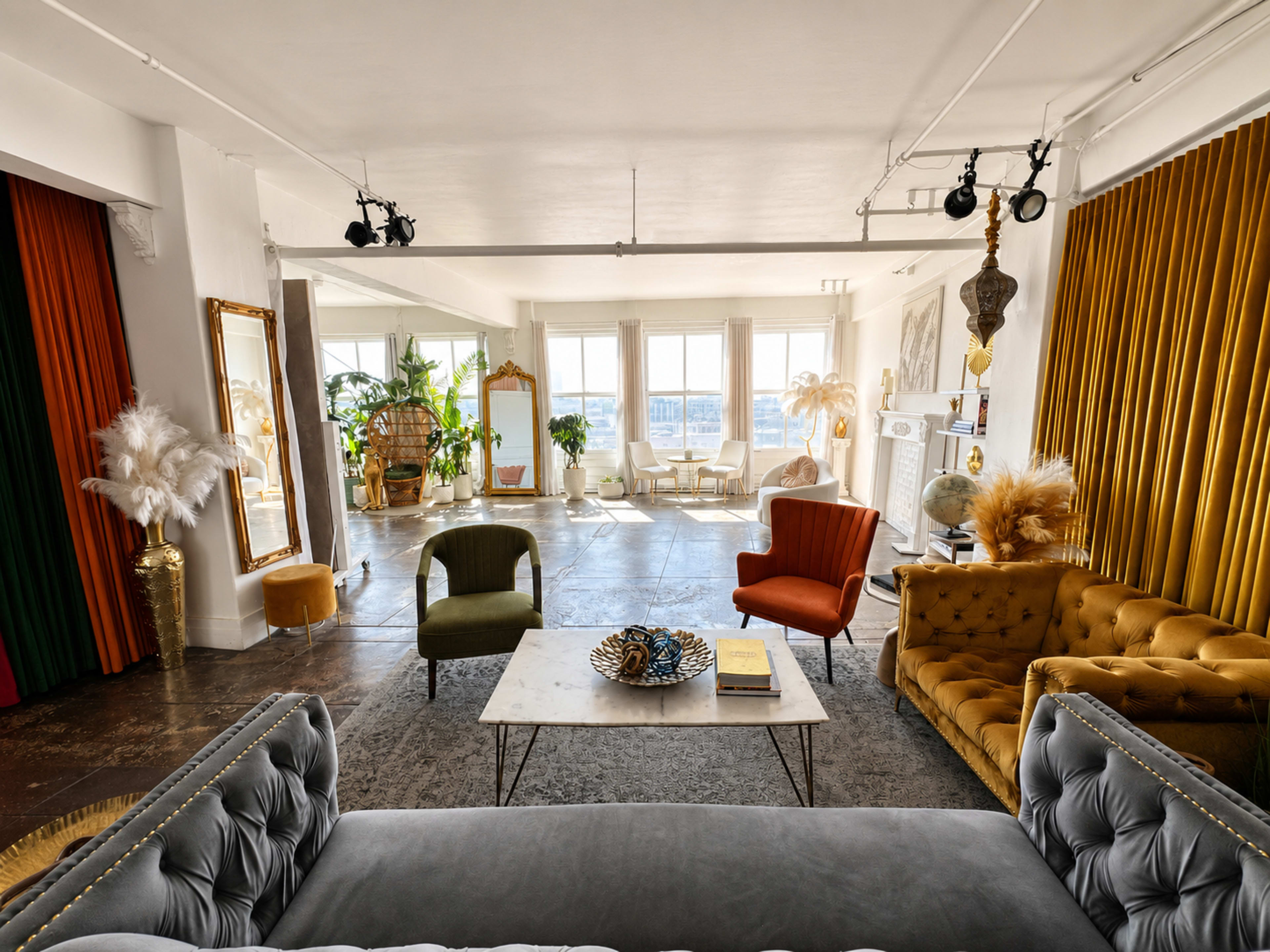 The image shows a spacious living area with large windows, featuring various seating options, plants, and decorative elements.