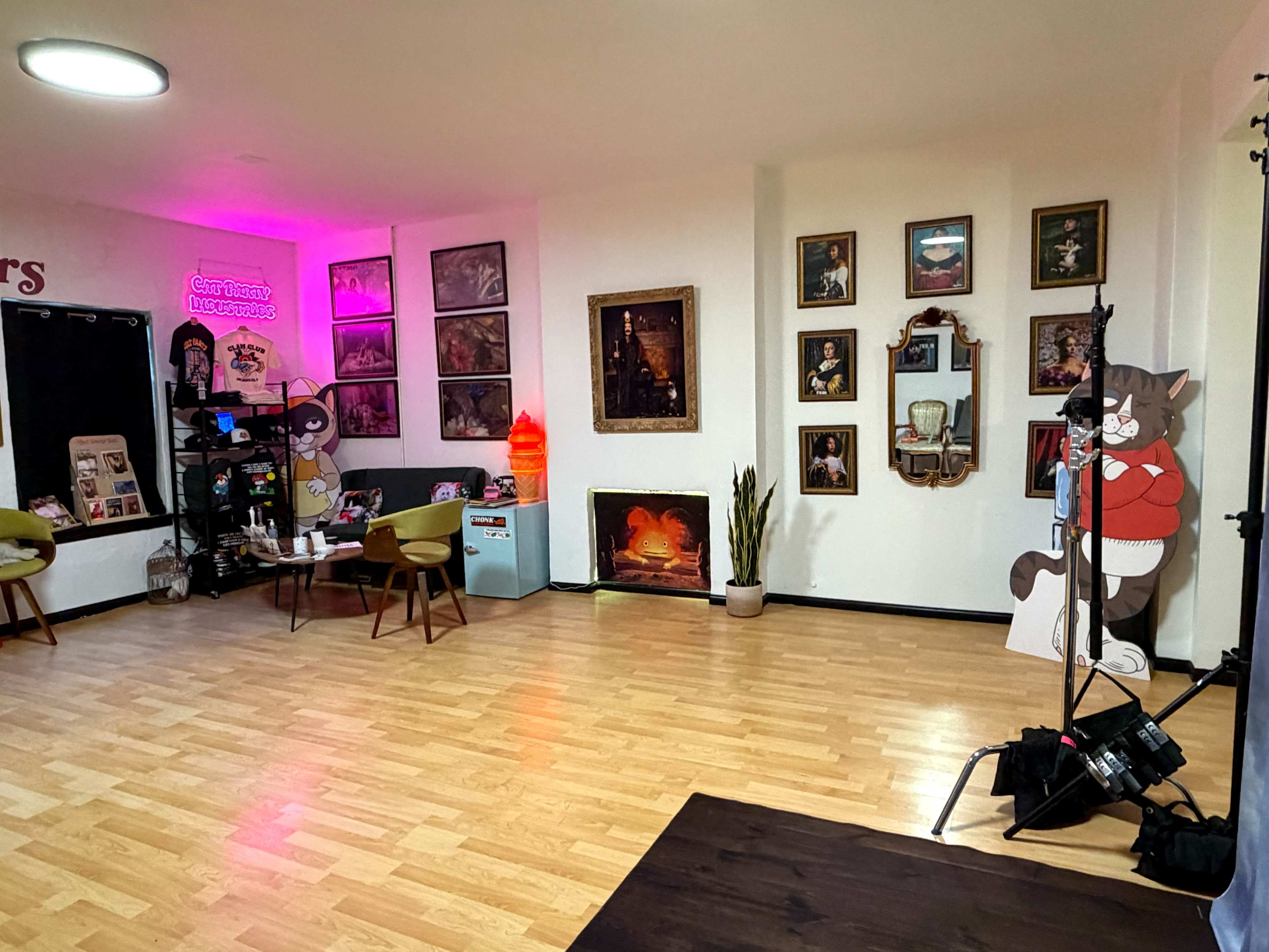 The image shows a cozy room with wooden flooring, featuring various framed artworks on the walls, a small electric fireplace, and a character display next to a green plant.