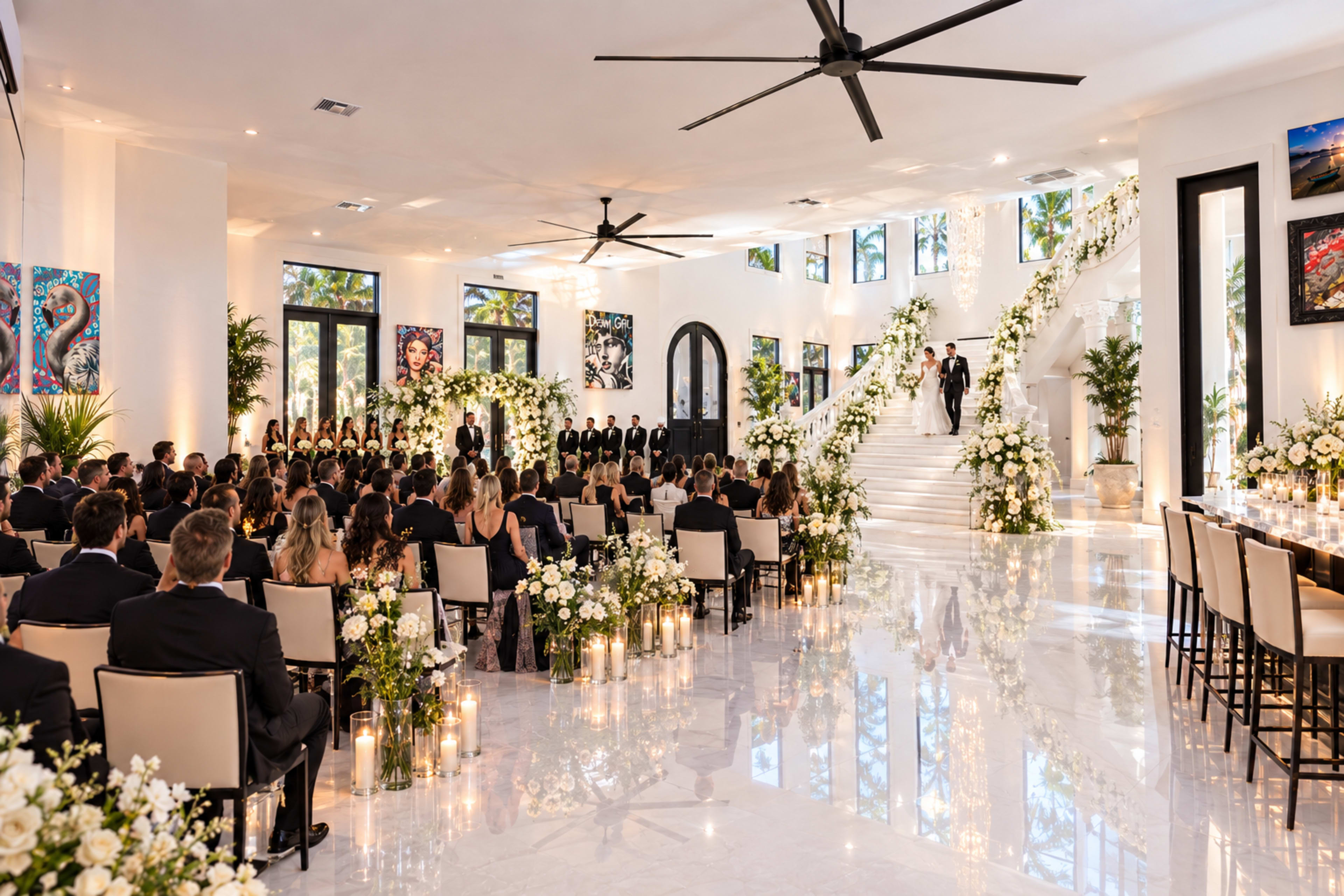 A wedding ceremony takes place in a spacious hall adorned with floral arrangements and candles, featuring a staircase where the couple exchanges vows in front of guests.