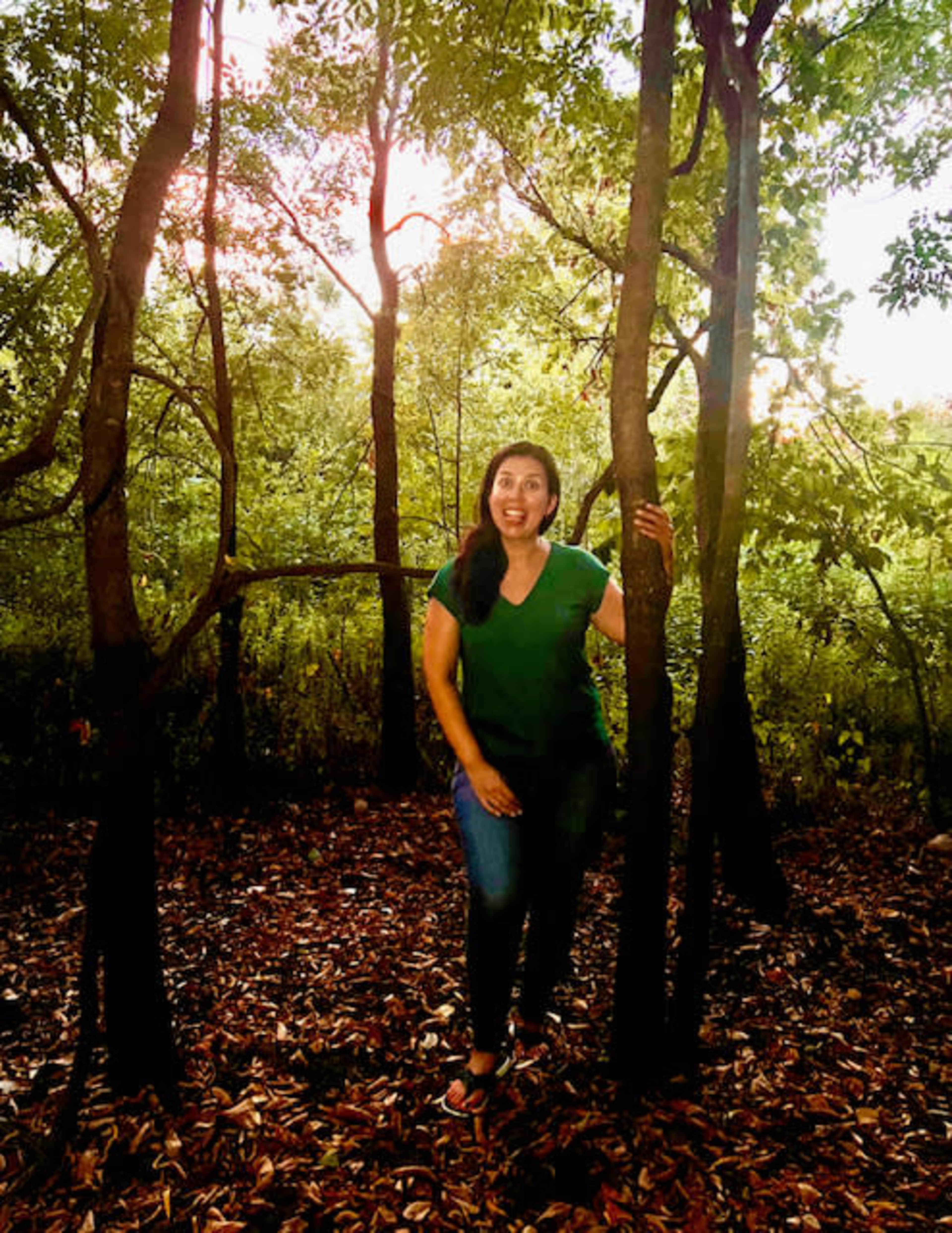 A woman stands next to a tree in a forest, surrounded by fallen leaves and greenery.