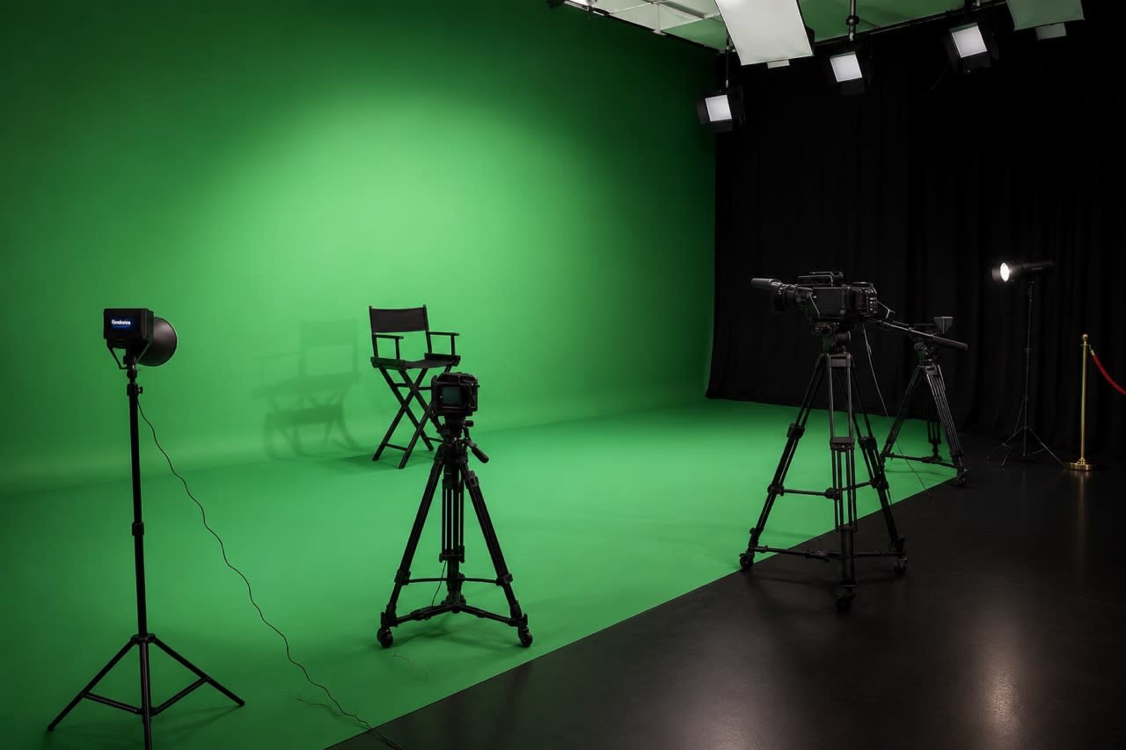 The image shows a studio space with a green screen backdrop, several cameras on tripods, lights, and a director's chair.