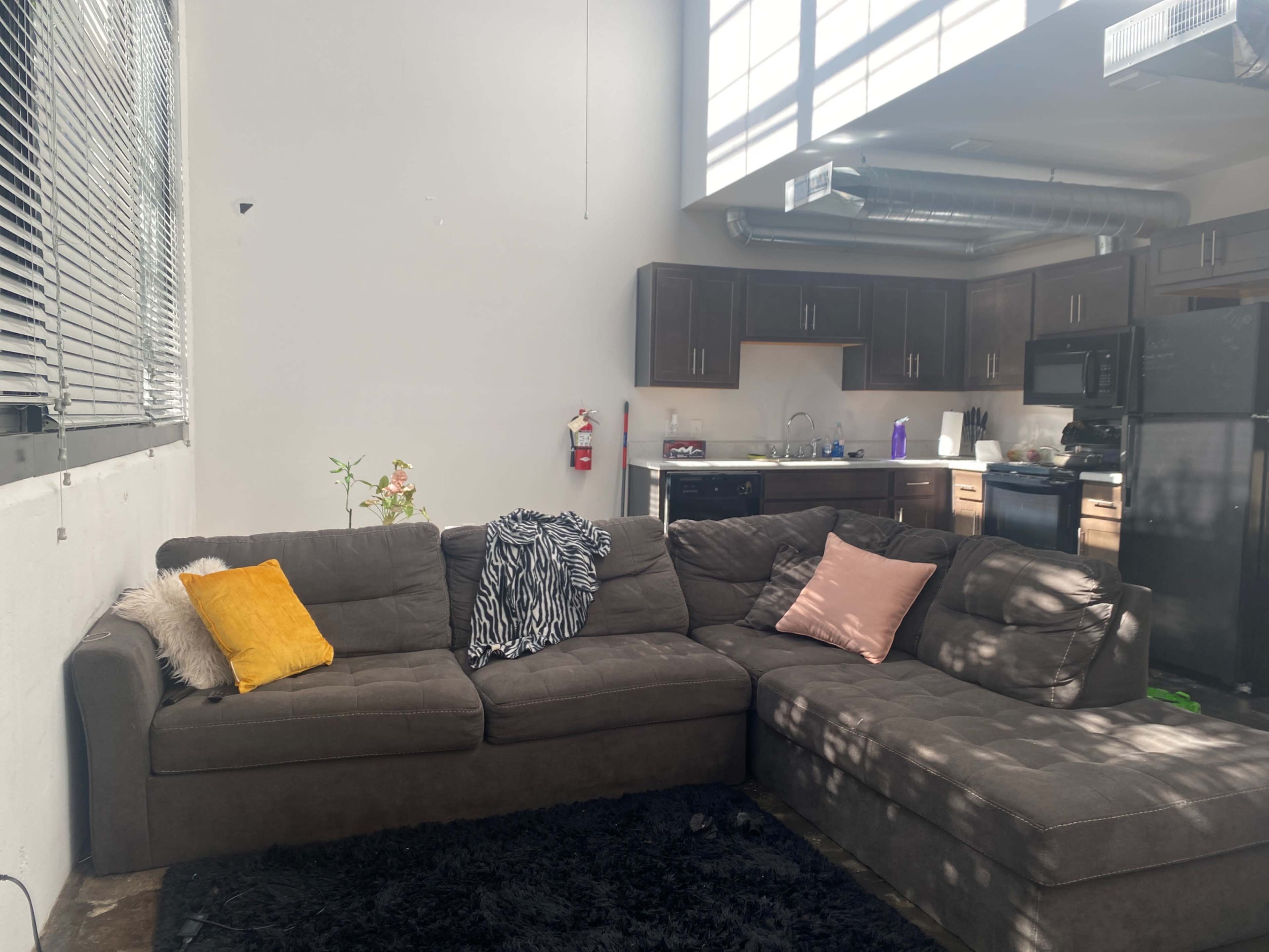 A spacious living area with a gray sectional sofa, a black rug, and a kitchen area in the background featuring dark cabinetry and appliances.