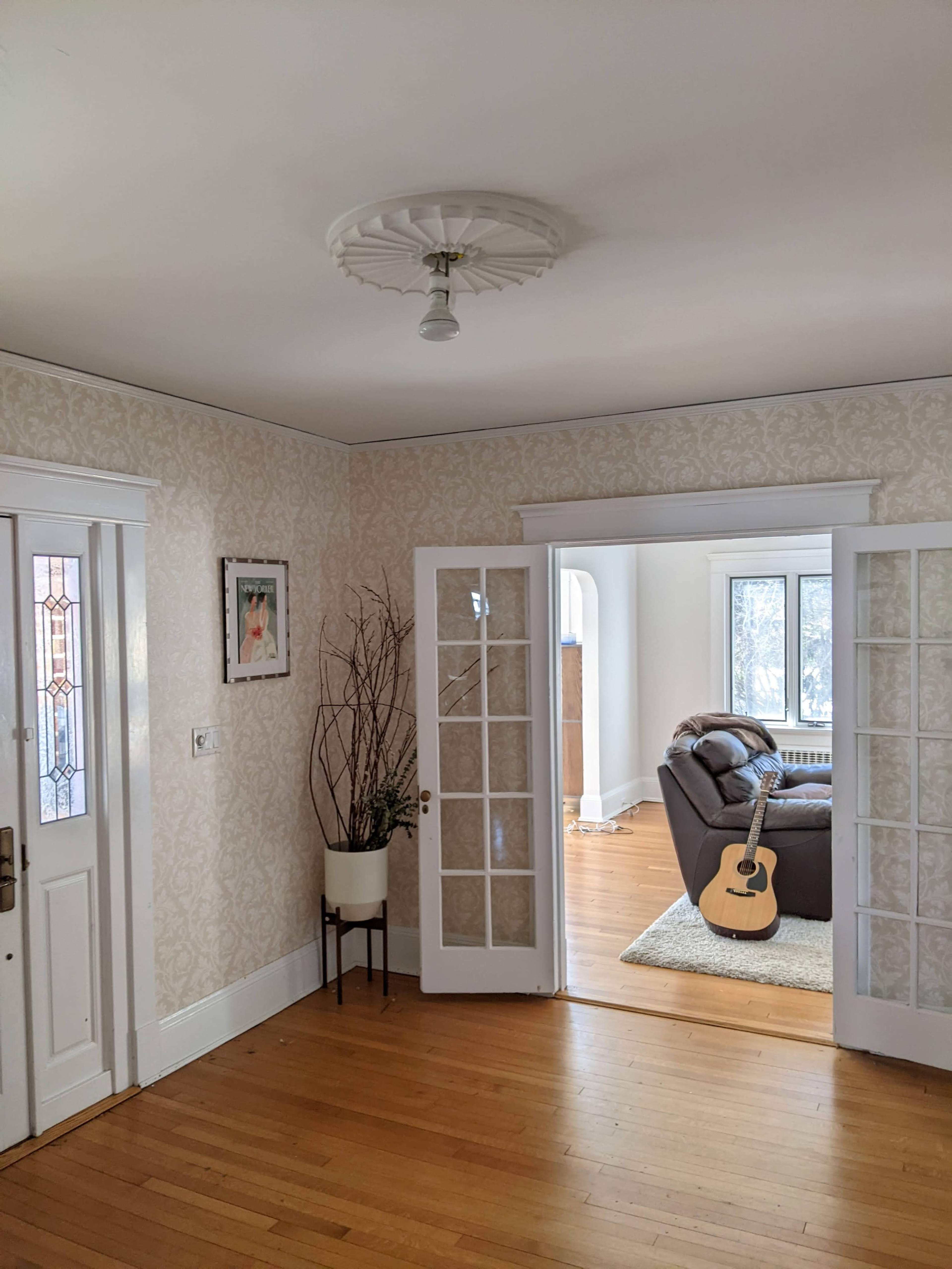 A bright entryway with a decorative ceiling fixture, a houseplant beside a door, and a view of a living room with a guitar resting on a couch.
