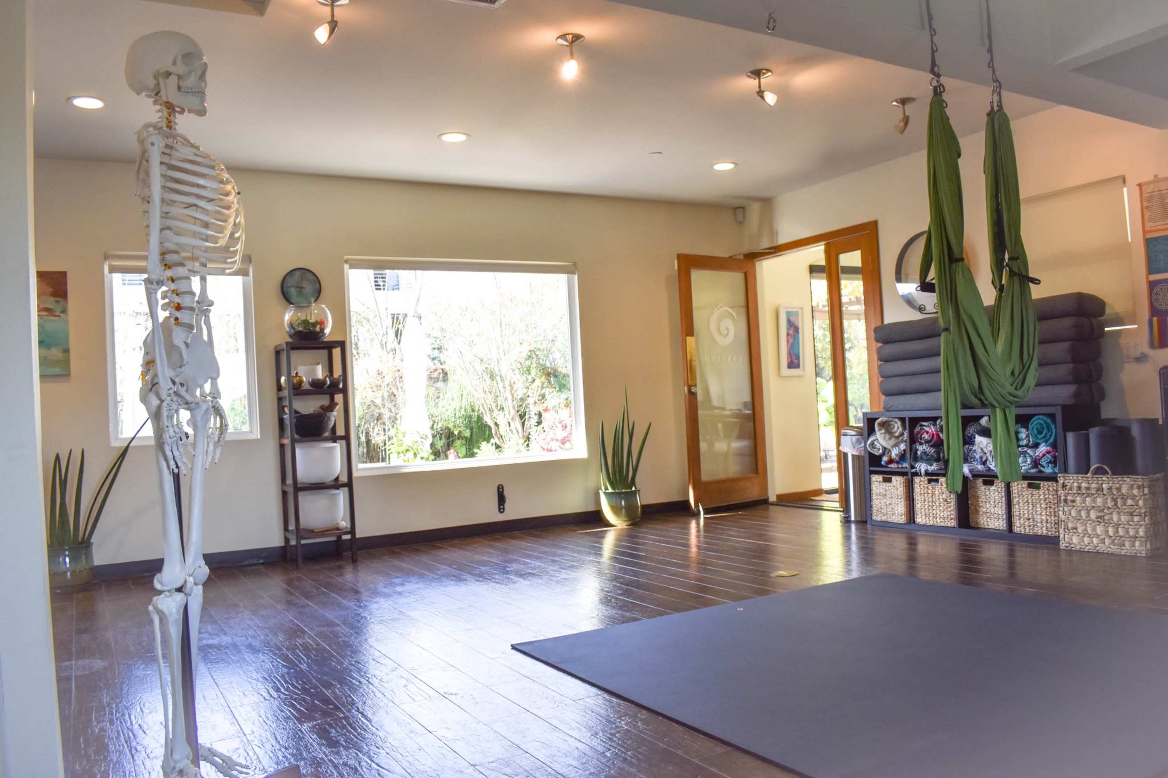A yoga studio with fitness mats, a skeleton model, and suspended yoga hammocks, illuminated by natural light from large windows.