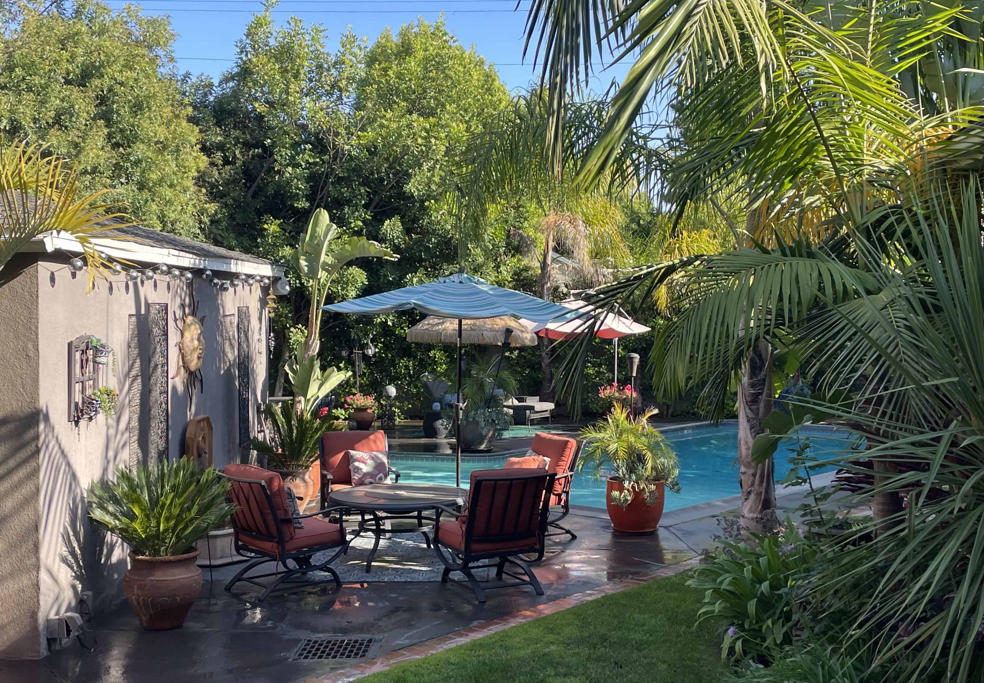 A well-maintained backyard features a swimming pool surrounded by palm trees, outdoor furniture, and a covered patio area.