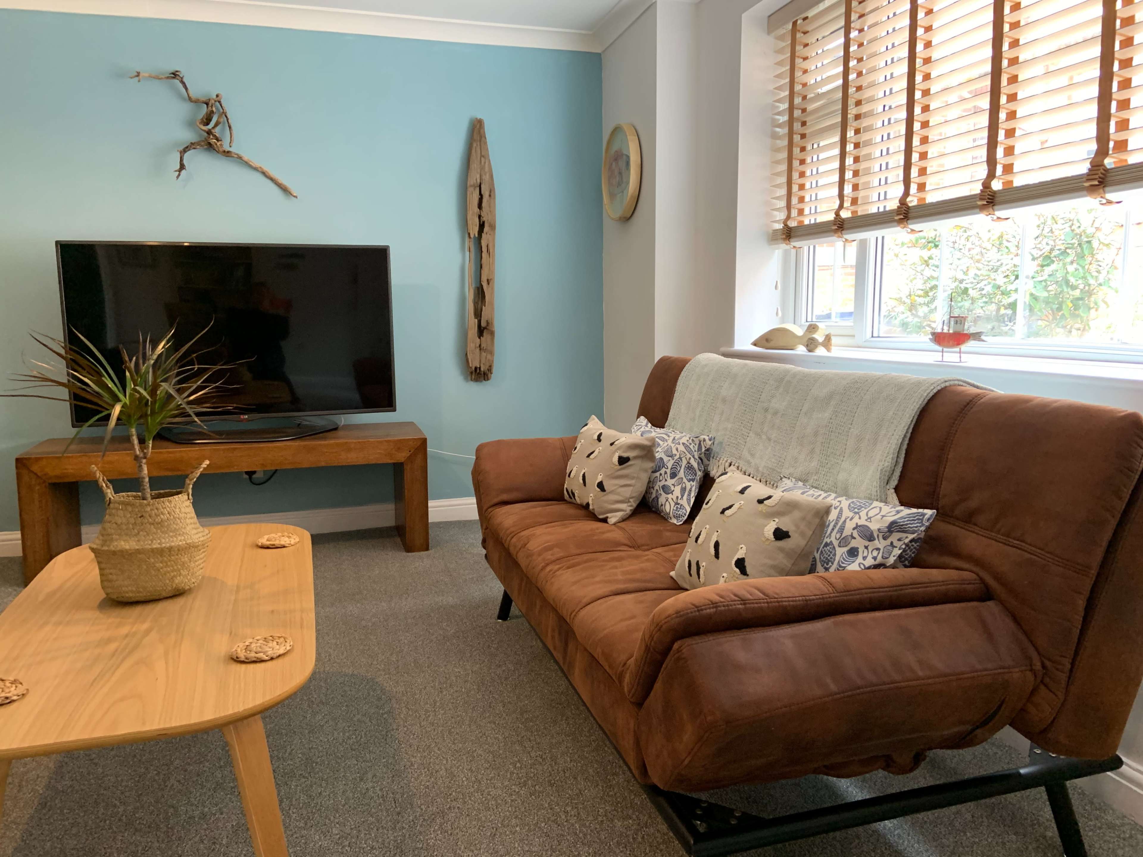 A cozy living room features a brown sofa, wooden coffee table, and a television against a light blue wall, with decorative items including a plant and driftwood.
