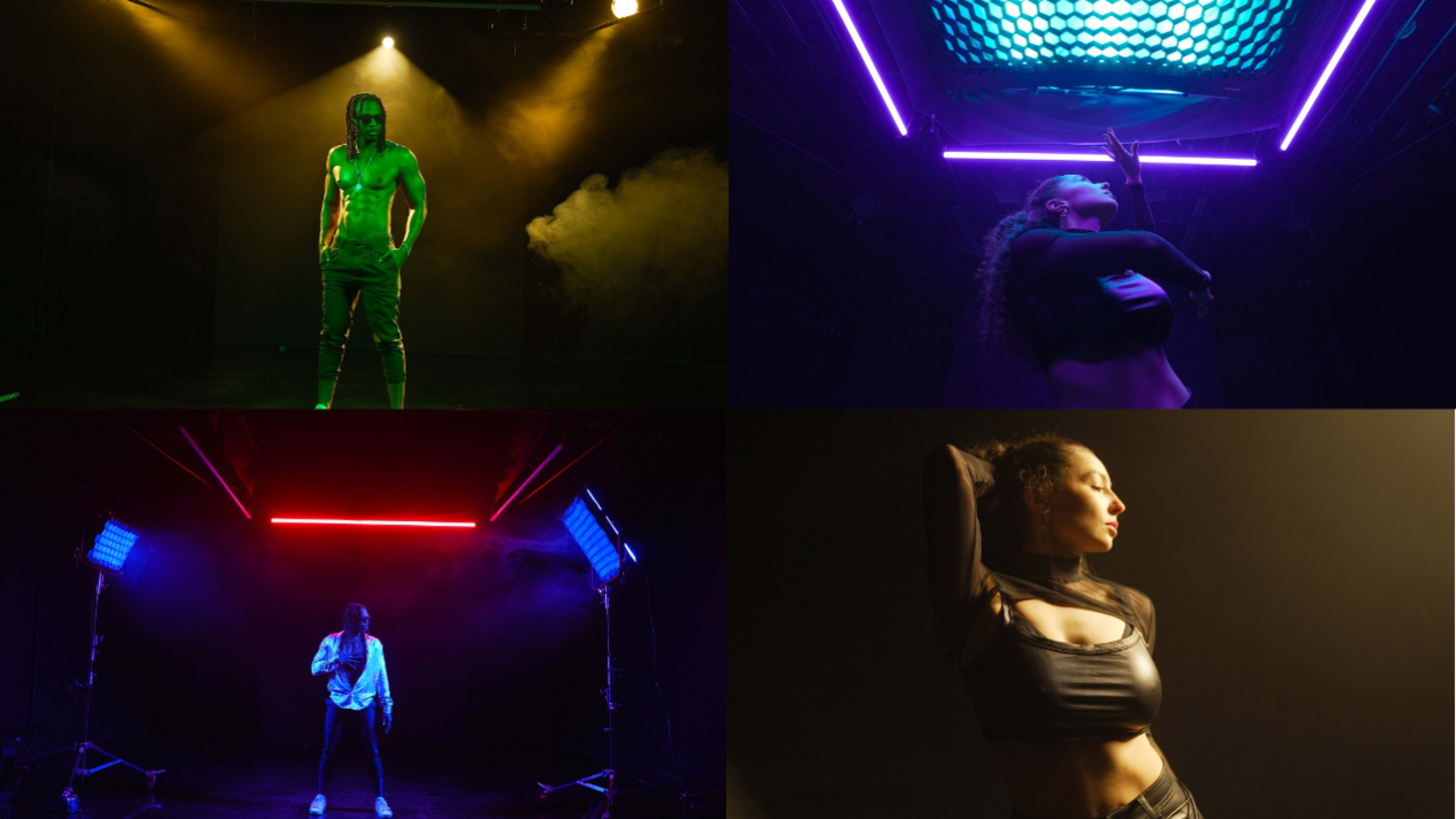 Four different scenes: a male performer in bright green light, a female dancer highlighted in purple, a male vocalist in blue light, and a female model in a dimly lit setting with contrasting highlights.
