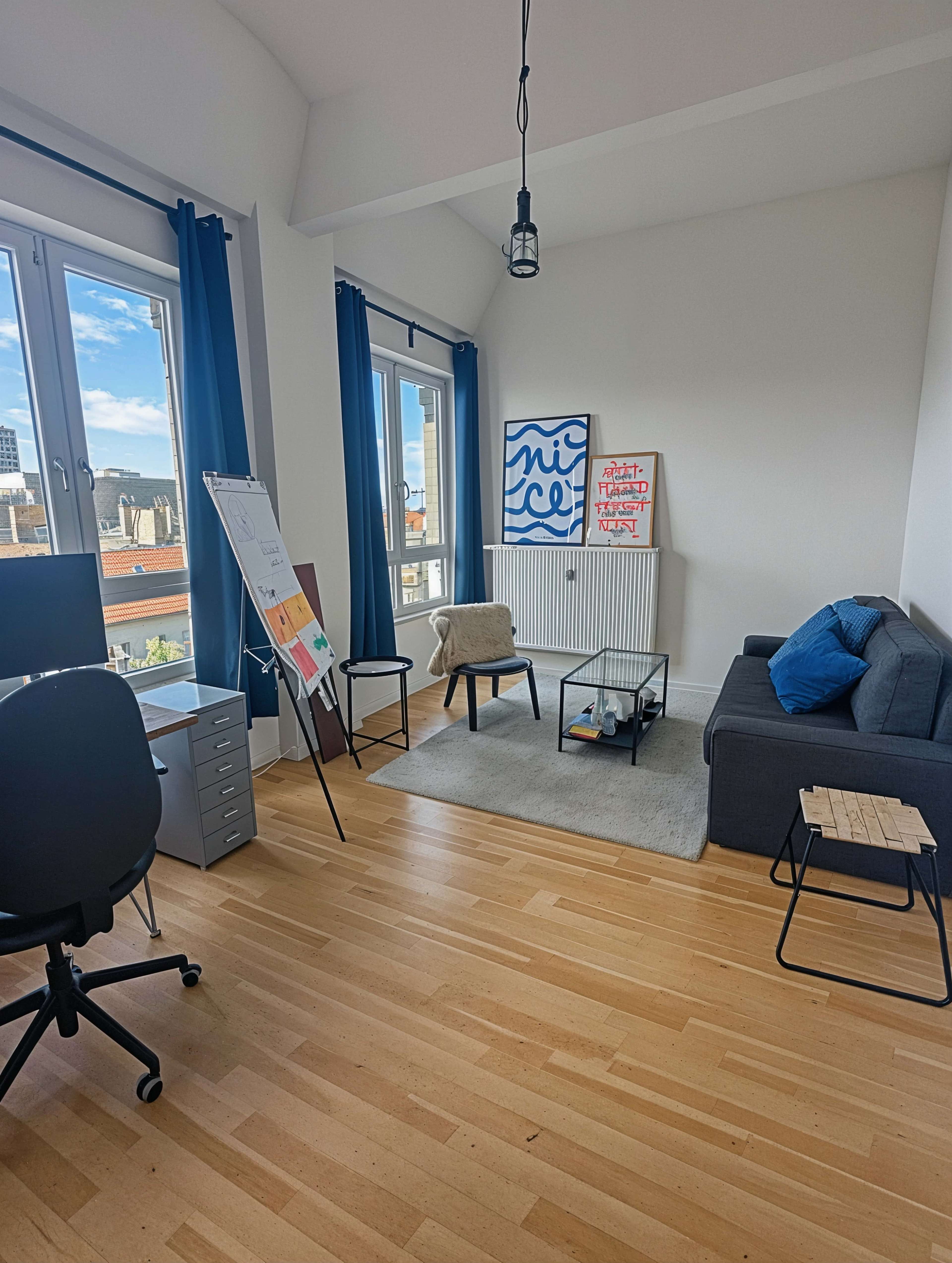 The image depicts a modern office space featuring a desk with a chair, a gray sofa, a coffee table, and large windows allowing natural light to enter.