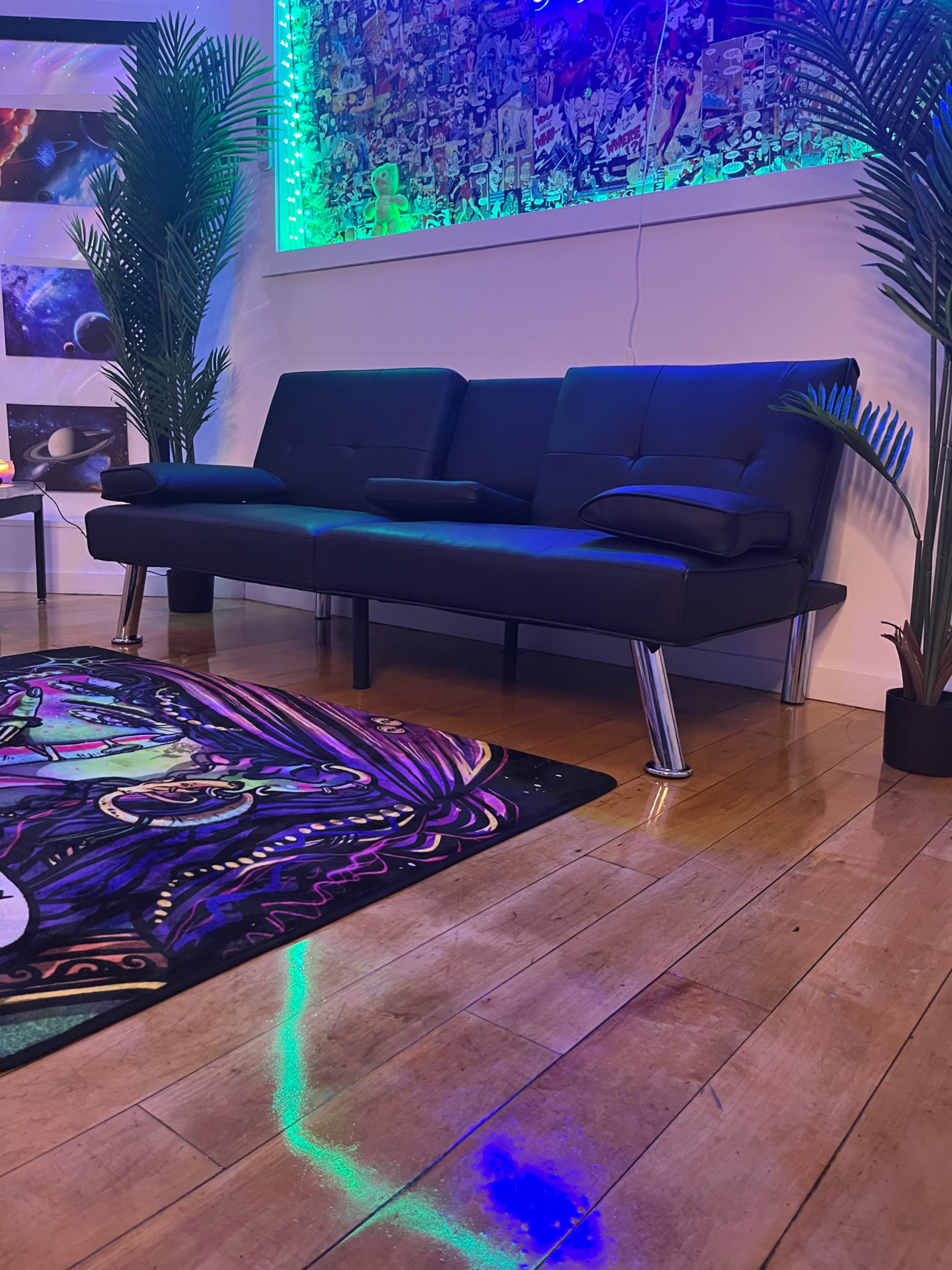 A modern black sofa against a wall decorated with colorful artwork and illuminated by neon lights, with plants positioned on either side.
