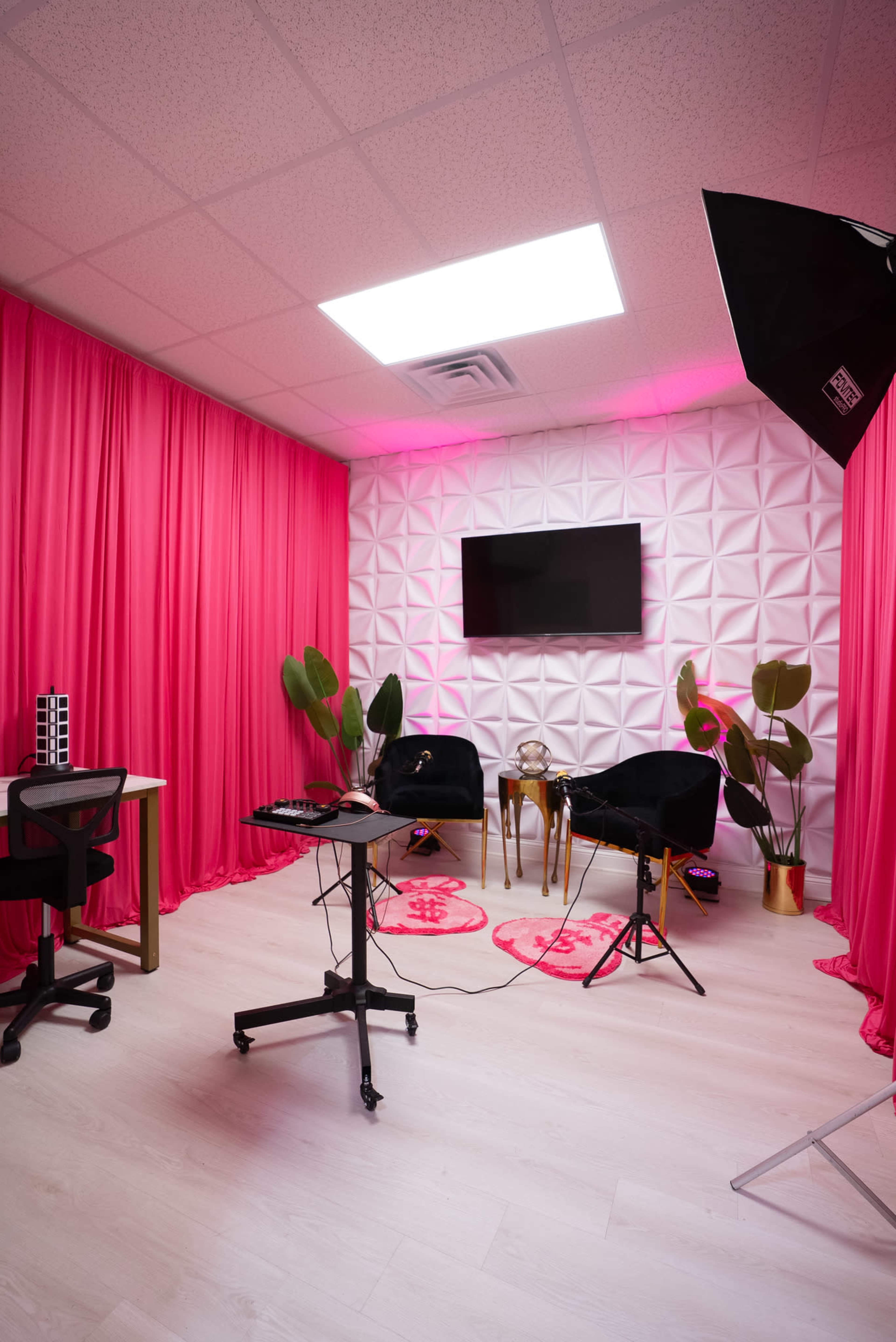 The image features a brightly colored studio space with pink curtains, a textured white wall, a television mounted on the wall, and stylish black chairs surrounded by decorative plants.
