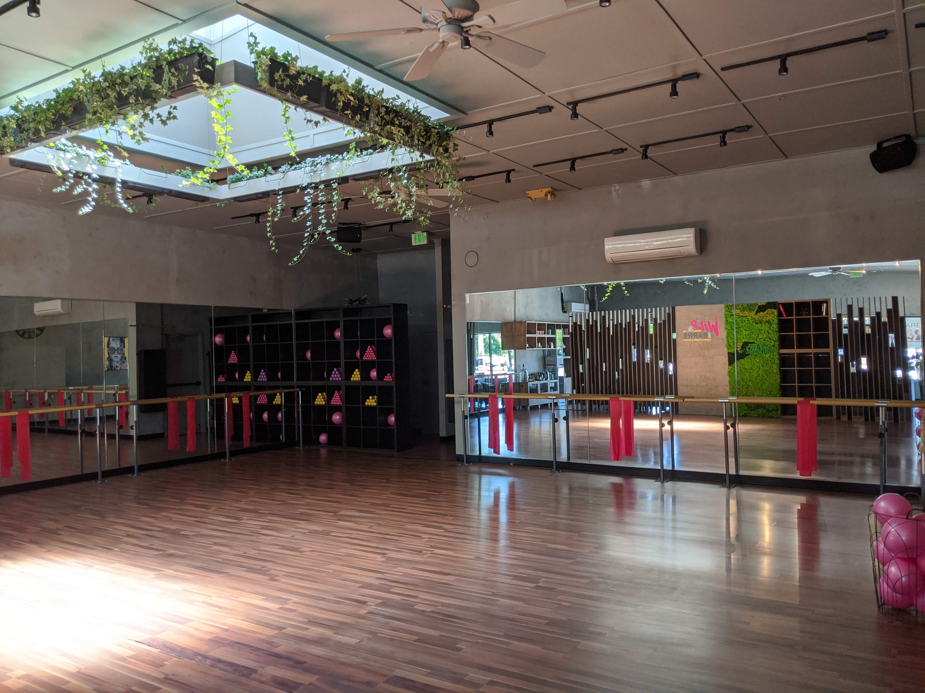 A fitness studio featuring a wooden floor, large mirrors, shelves with colorful equipment, and a ceiling adorned with plants.