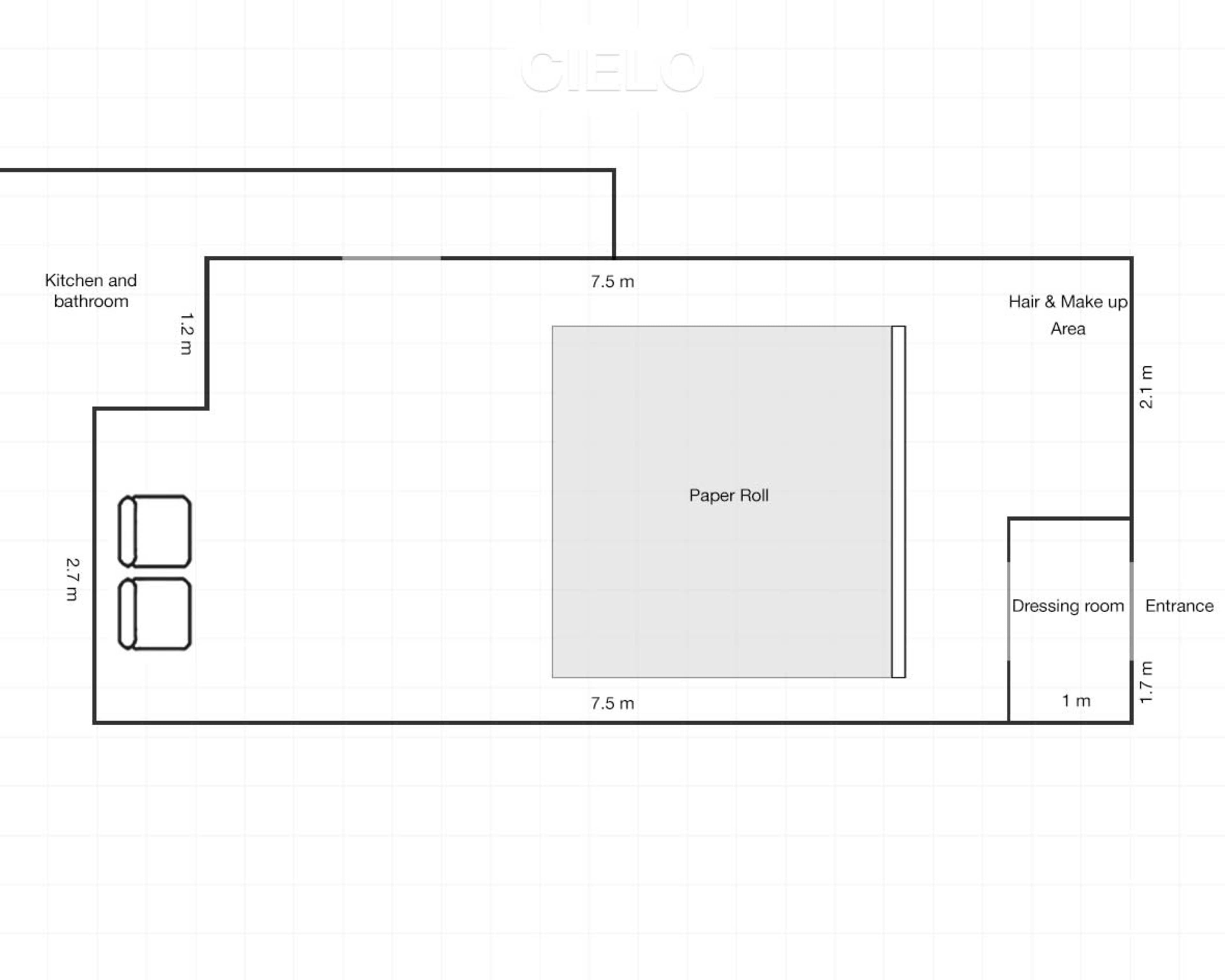 The diagram shows a floor plan with designated areas for a kitchen and bathroom, a hair and makeup area, a dressing room, and a central space for a paper roll.