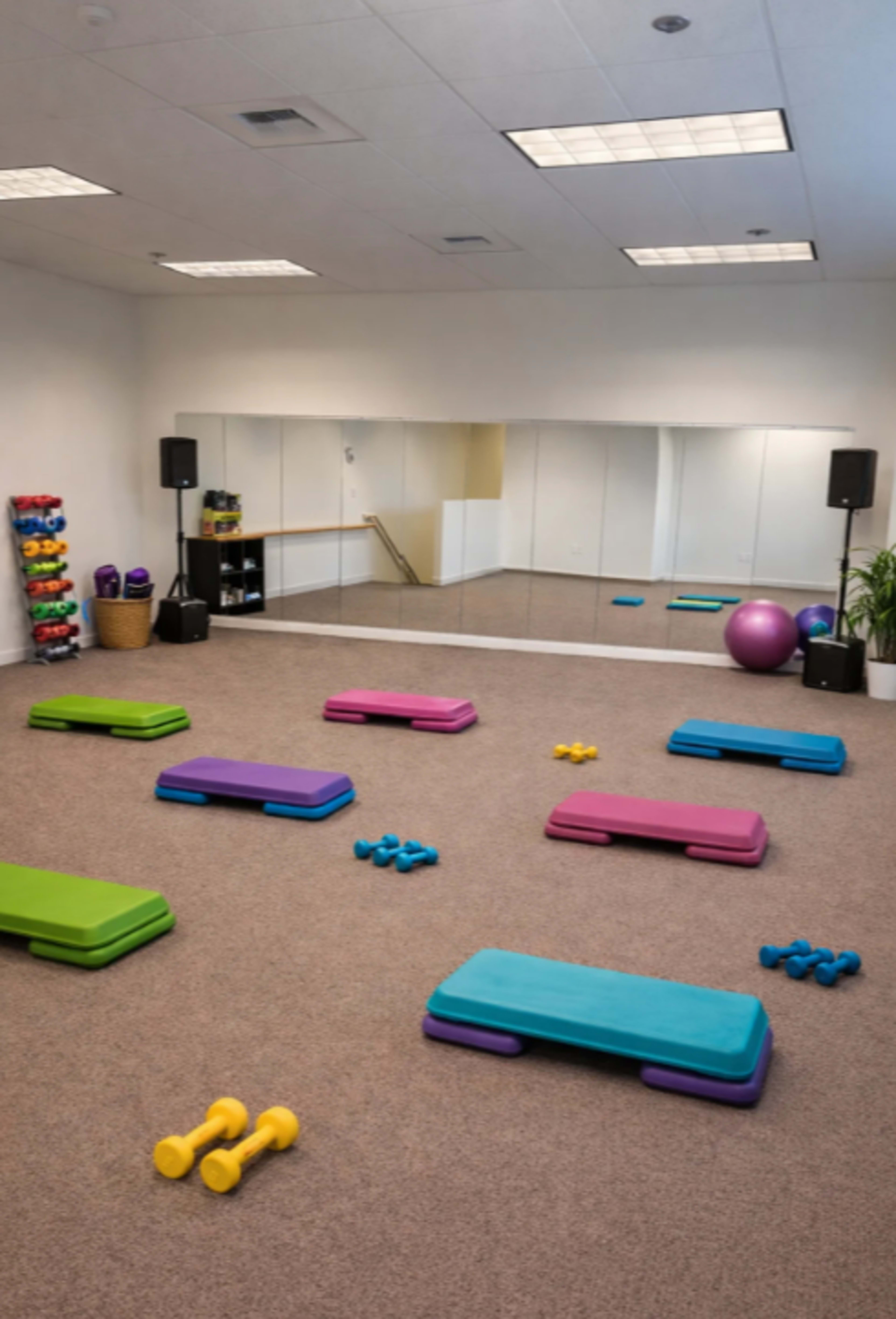 The image shows a fitness studio with colorful exercise mats, dumbbells, a stability ball, and a large mirror.