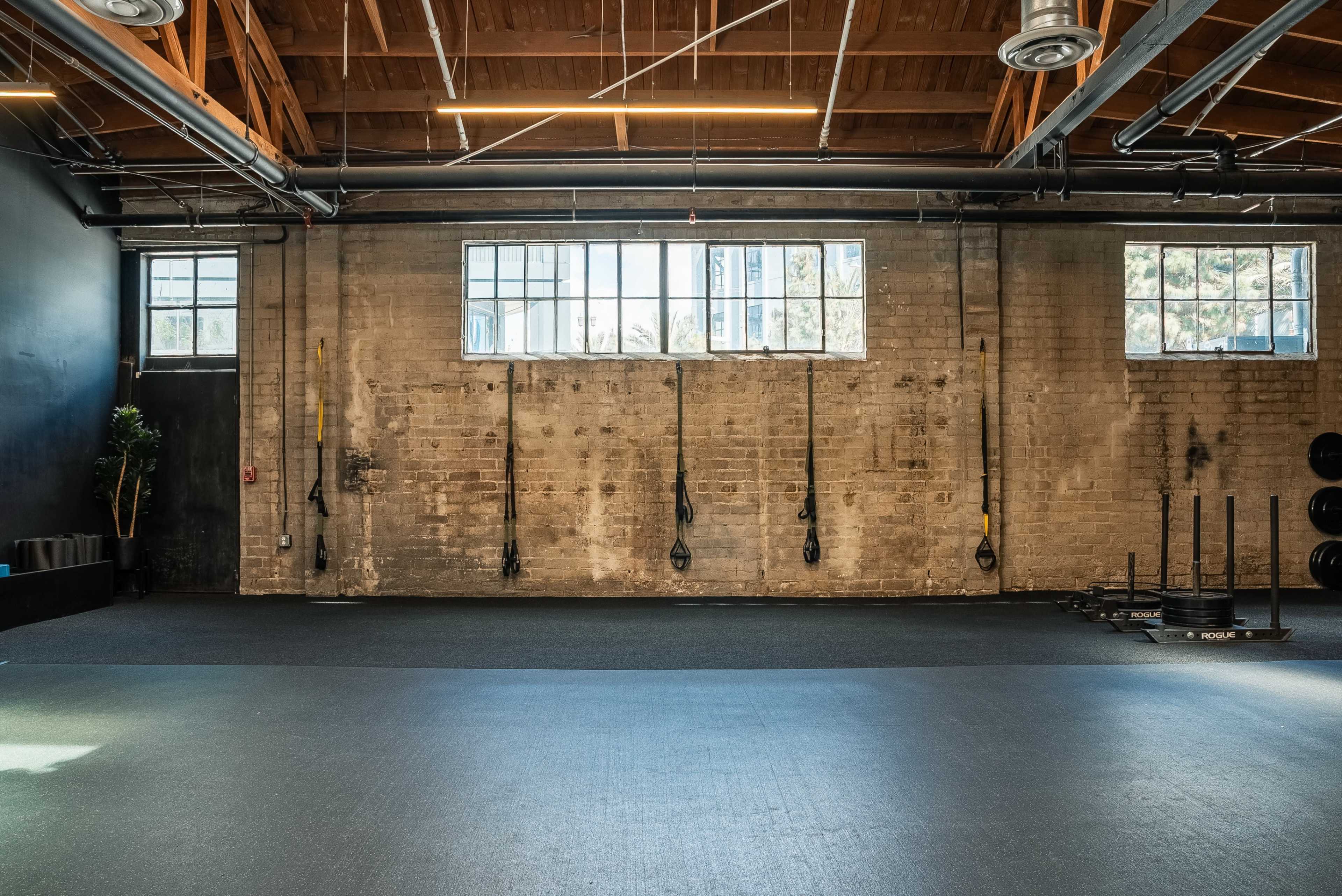 The image shows a spacious gym interior with exposed brick walls, large windows, and various gym equipment, including suspension straps hanging from the walls and a sled on the floor.
