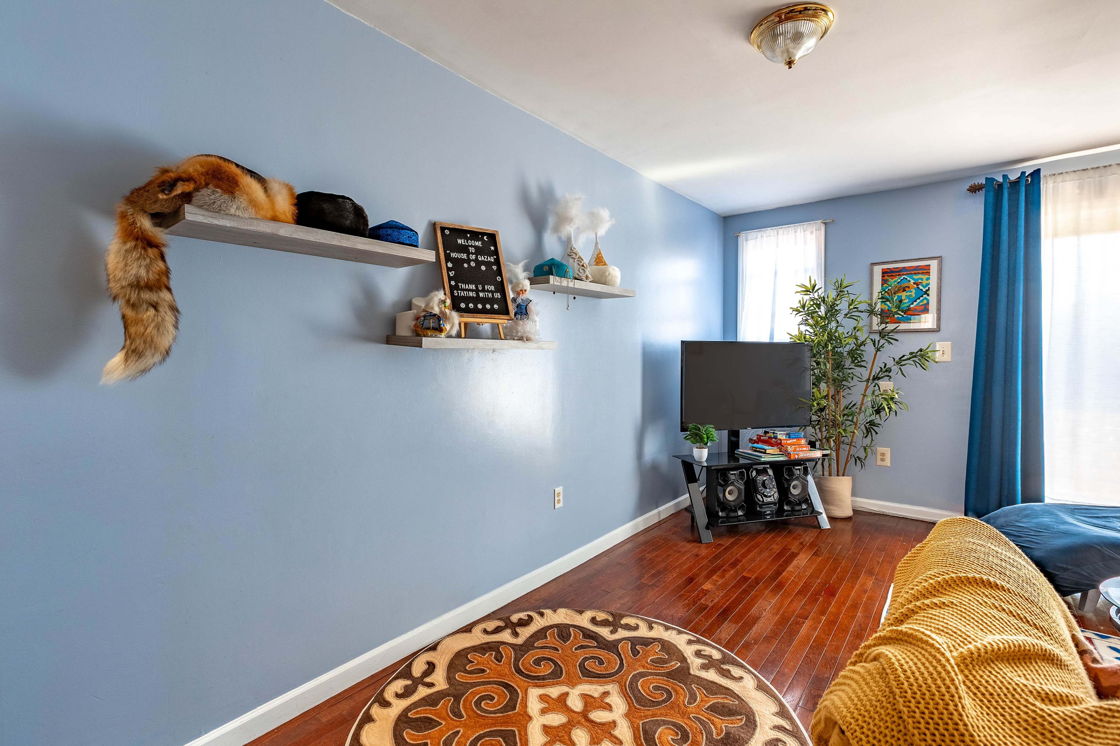 A living room with blue walls, wooden flooring, a television on a stand, decorative shelves, and a couch with a patterned rug.