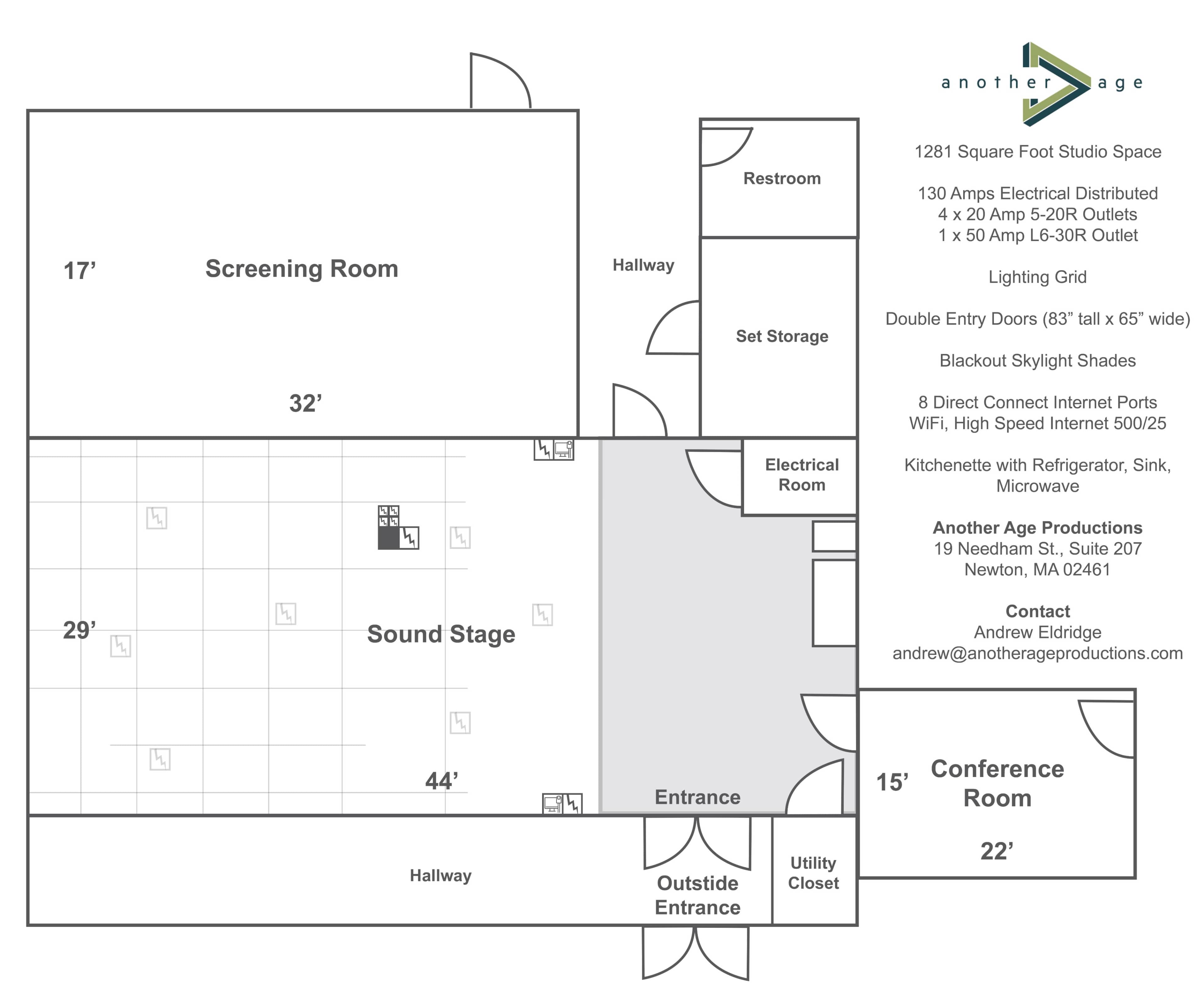 A floor plan of a studio space, detailing rooms such as a screening room, sound stage, restroom, and kitchenette, along with electrical distribution and entrances.