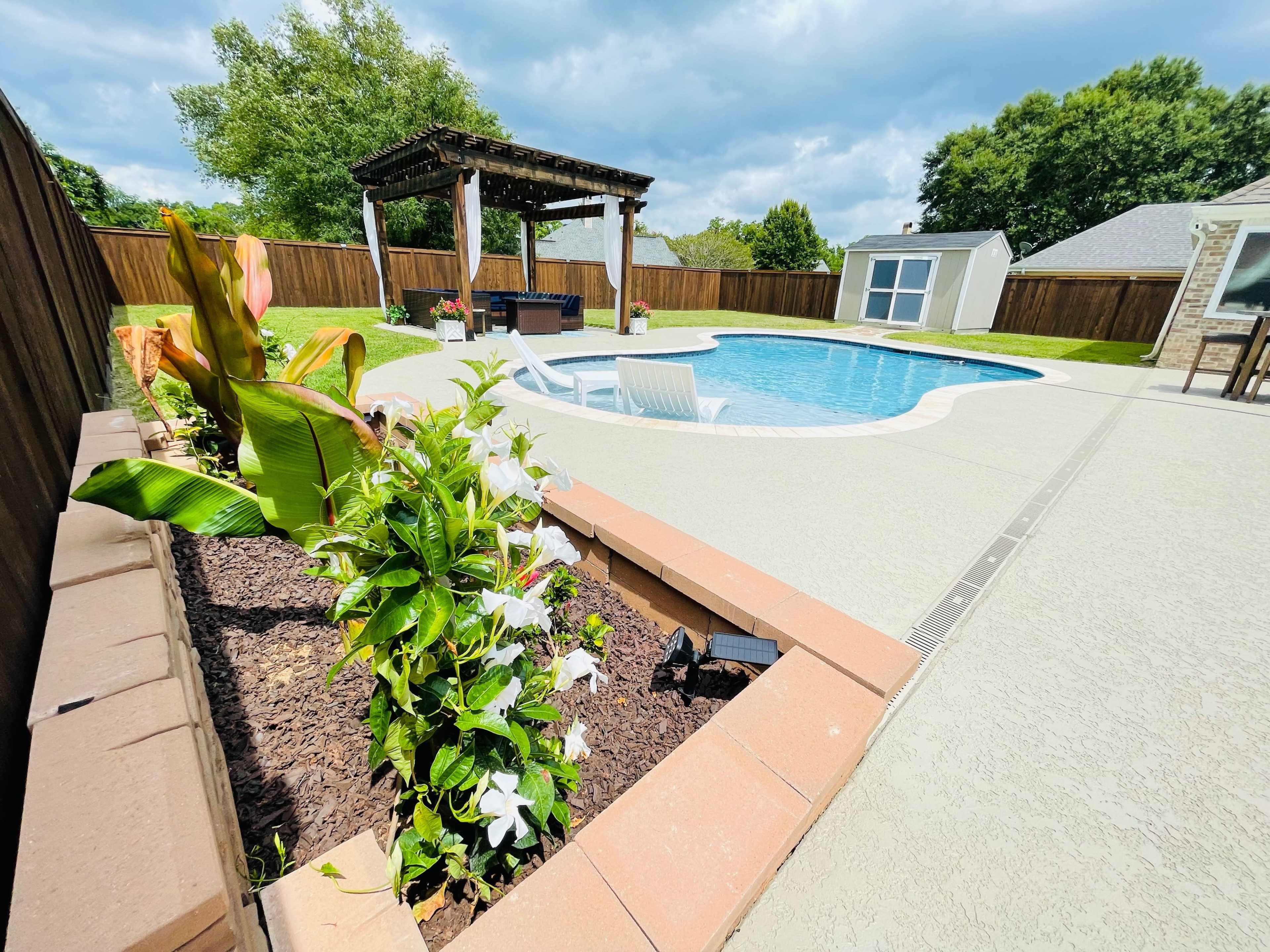 A residential backyard with a swimming pool, surrounded by landscaped plants and a wooden pergola in the background.