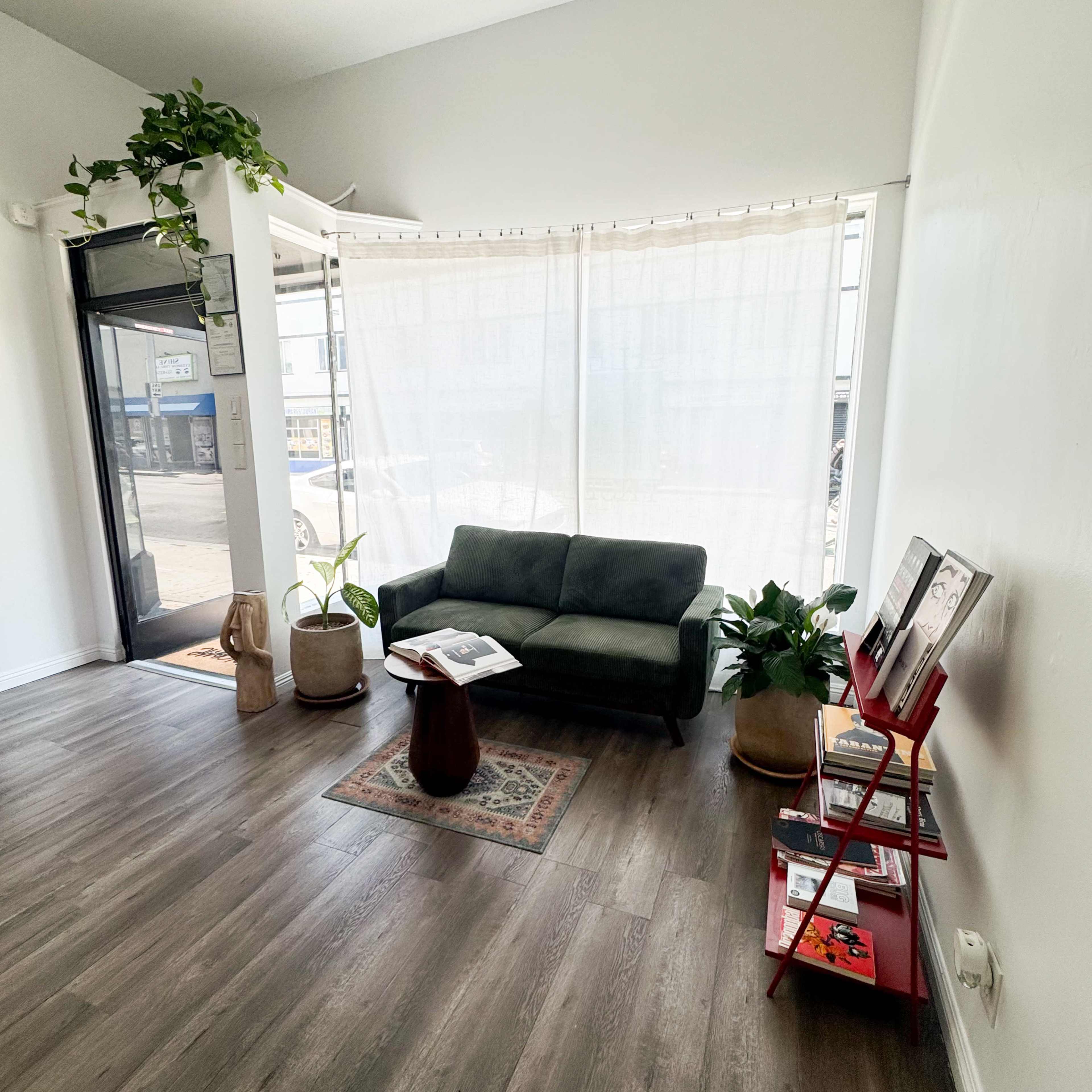 The image shows a cozy interior space with a green sofa, a small wooden table, a bookshelf, and plants near a large window with sheer curtains.