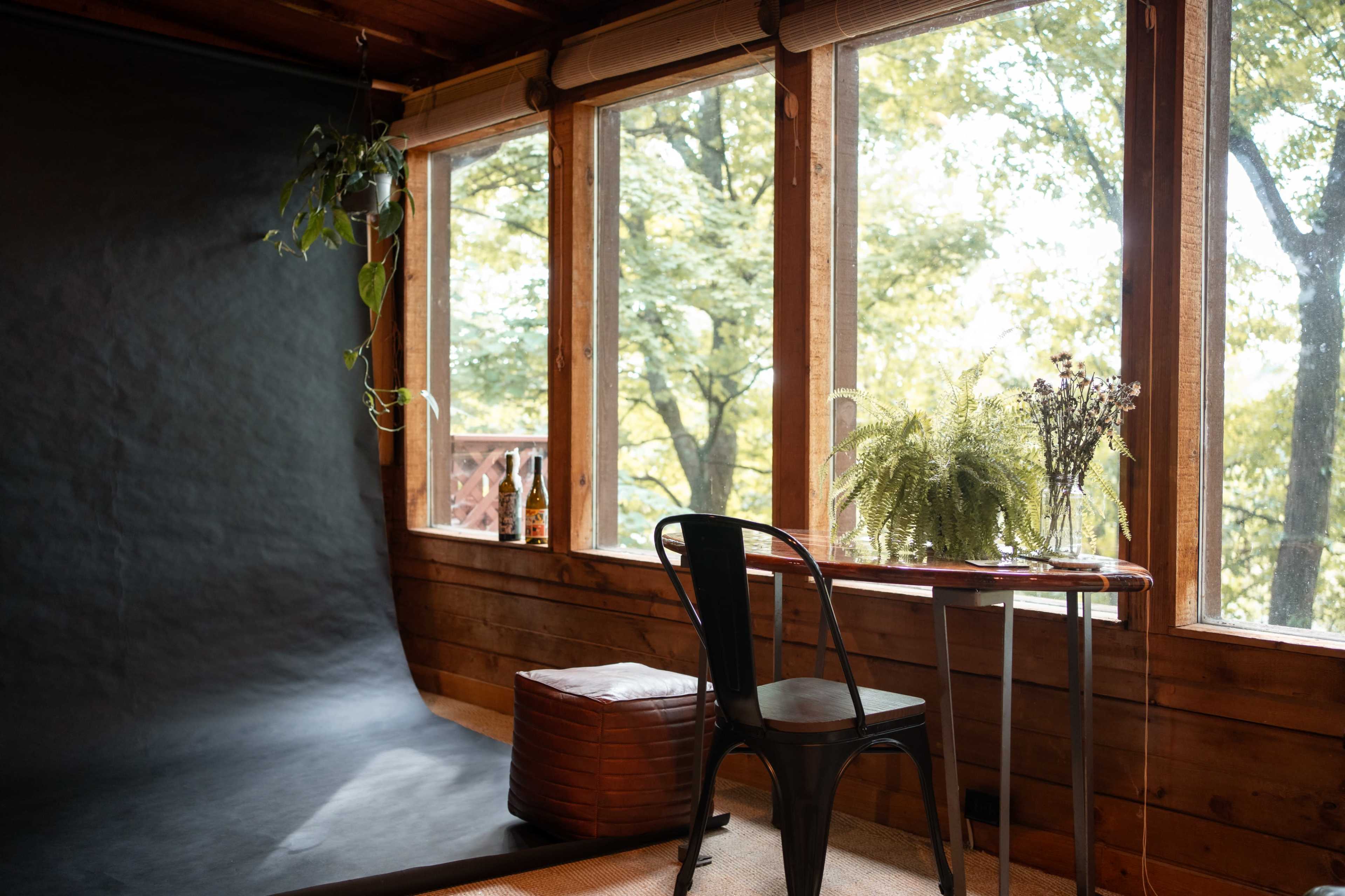 The image depicts a room with large windows showing trees outside, a black backdrop on one side, a small table with a plant and flowers, and a cushioned seating area.