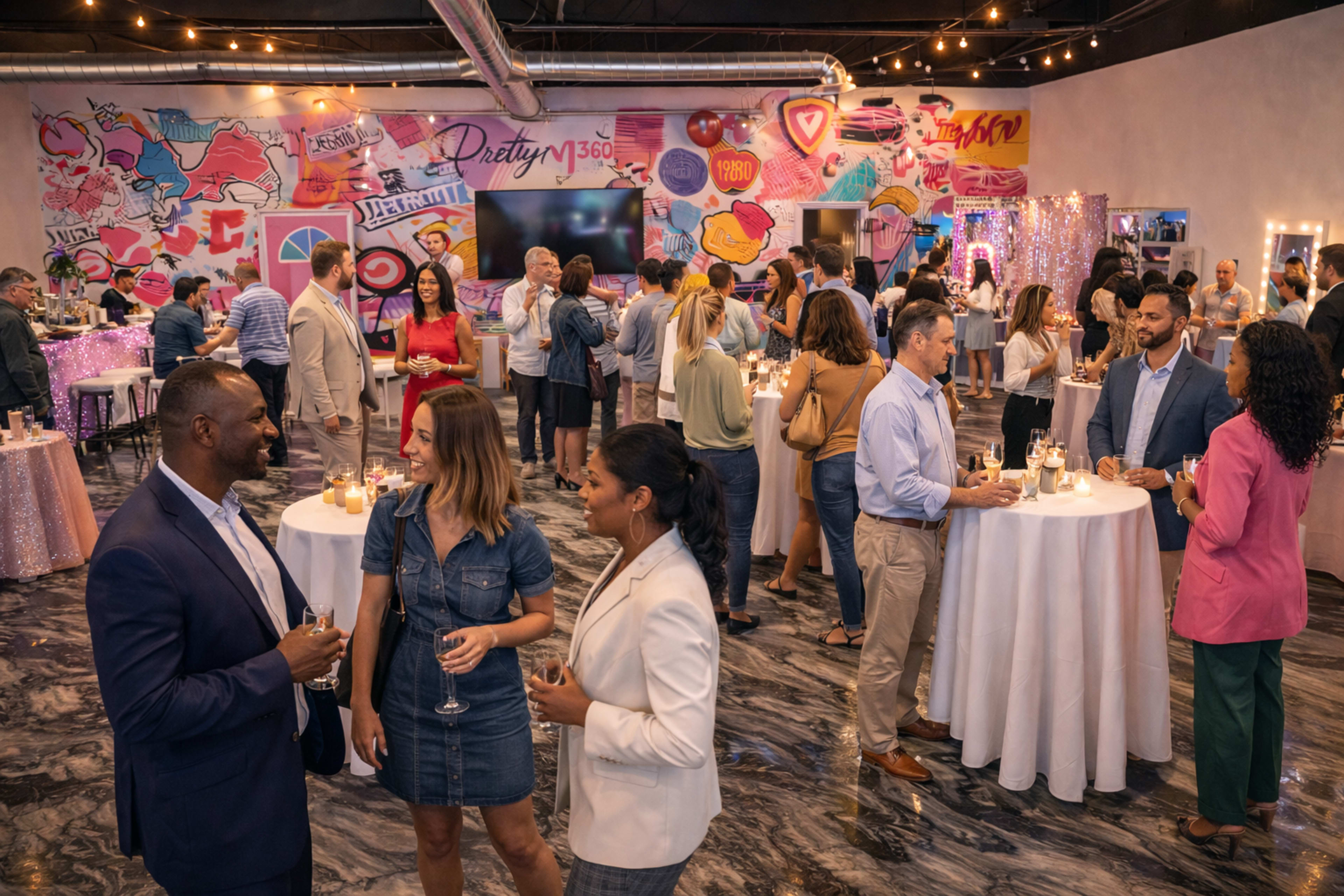 A large group of people is socializing at a lively event featuring colorful artwork and decorated tables with candles.