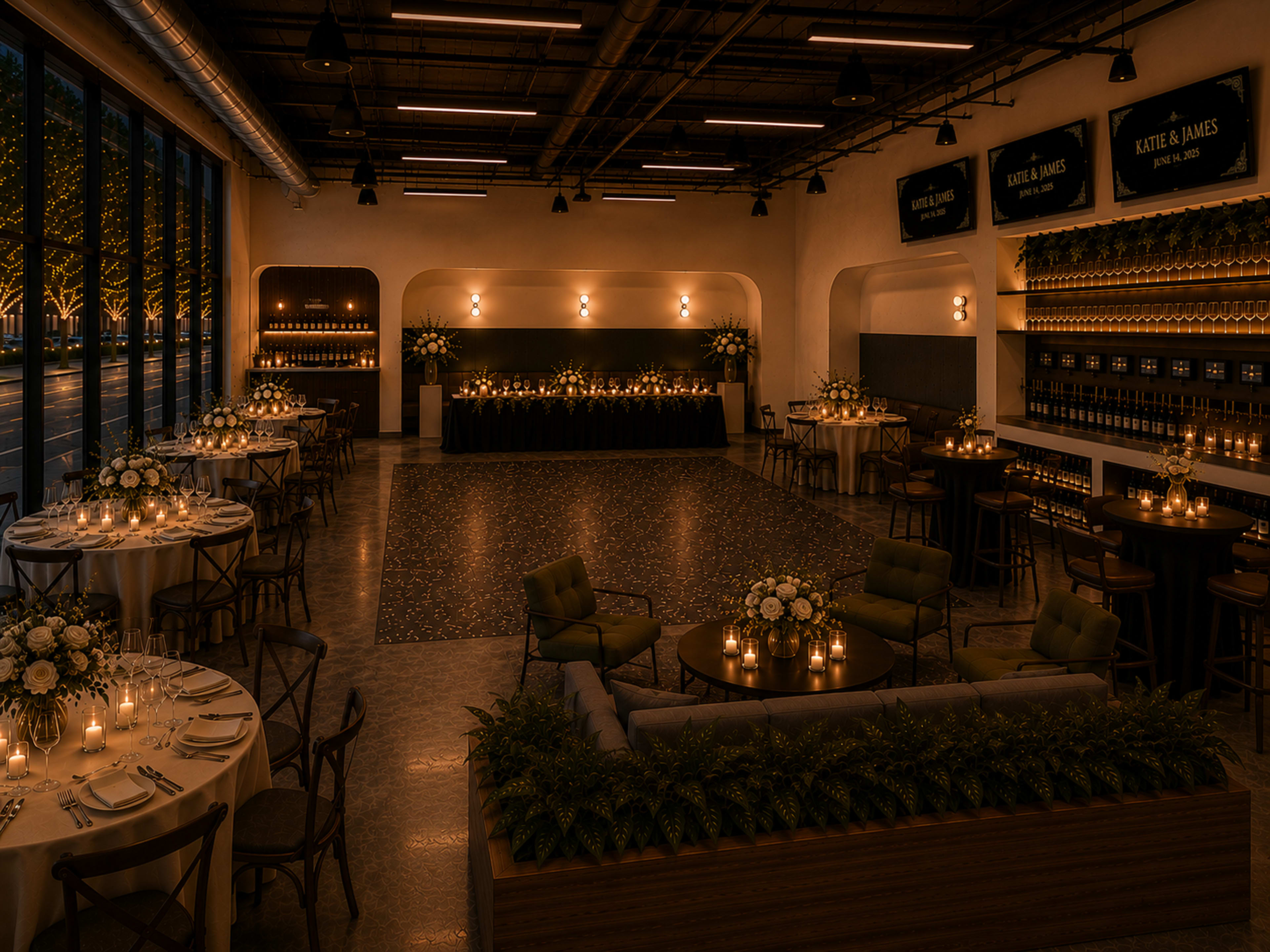 The image shows an elegantly arranged event space with round tables set for dining, a long table at the front for serving, and candlelight creating a warm atmosphere.