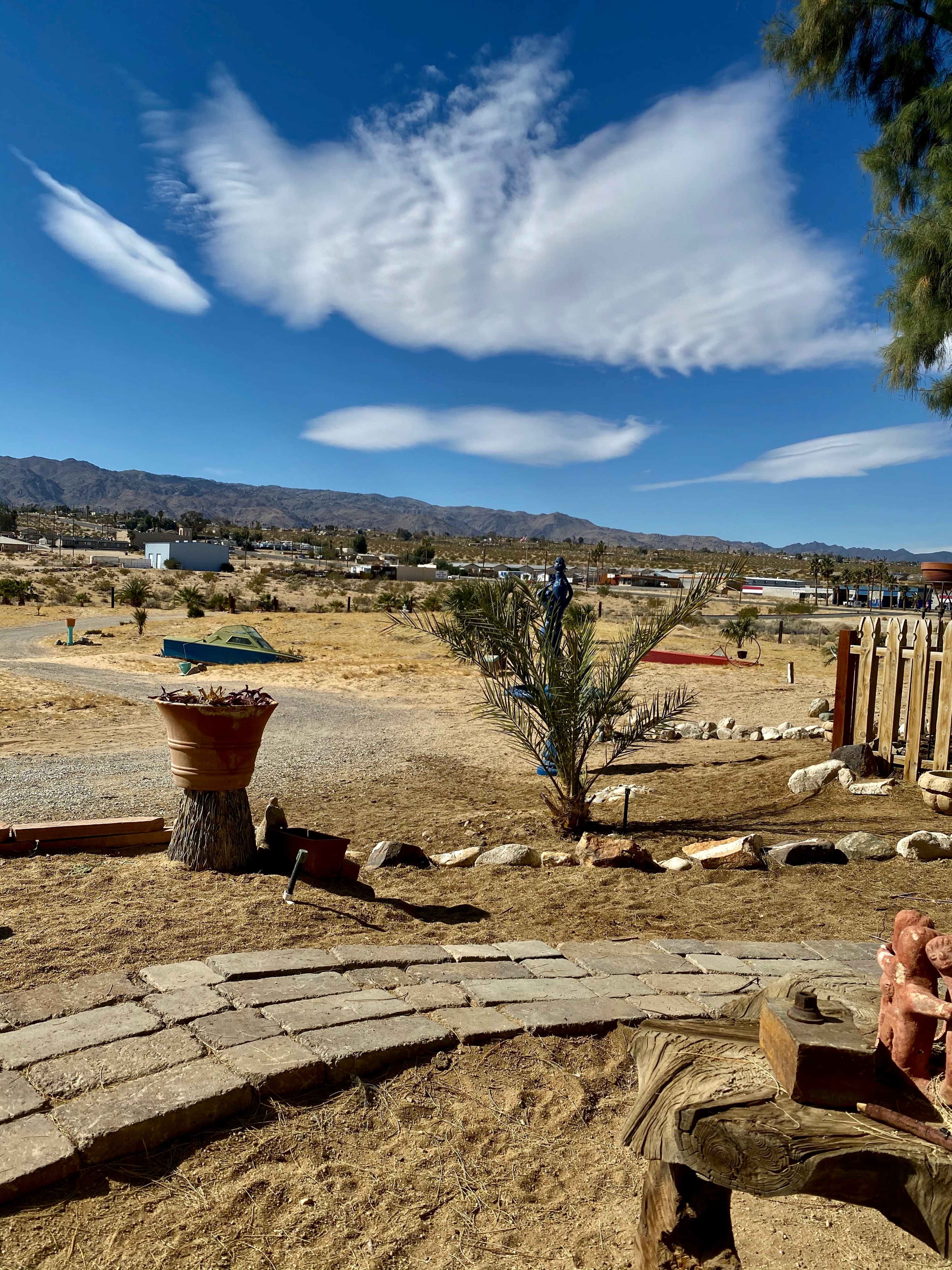 The image shows a desert landscape with rocky ground, sparse vegetation, and a wide blue sky filled with unique cloud formations.