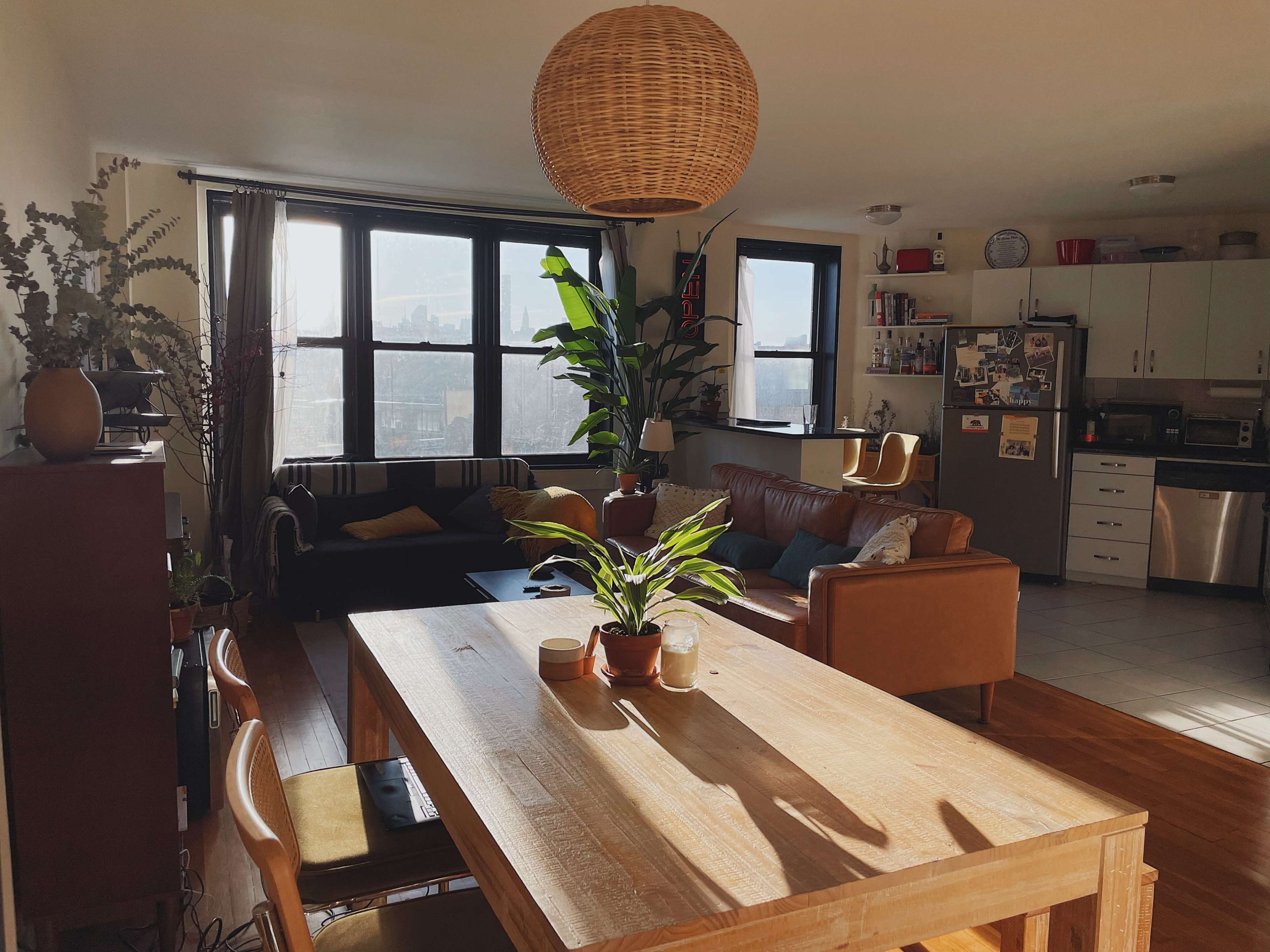 A bright living space features a wooden dining table, a leather sofa, and large windows with city views, complemented by various plants and kitchen appliances in the background.