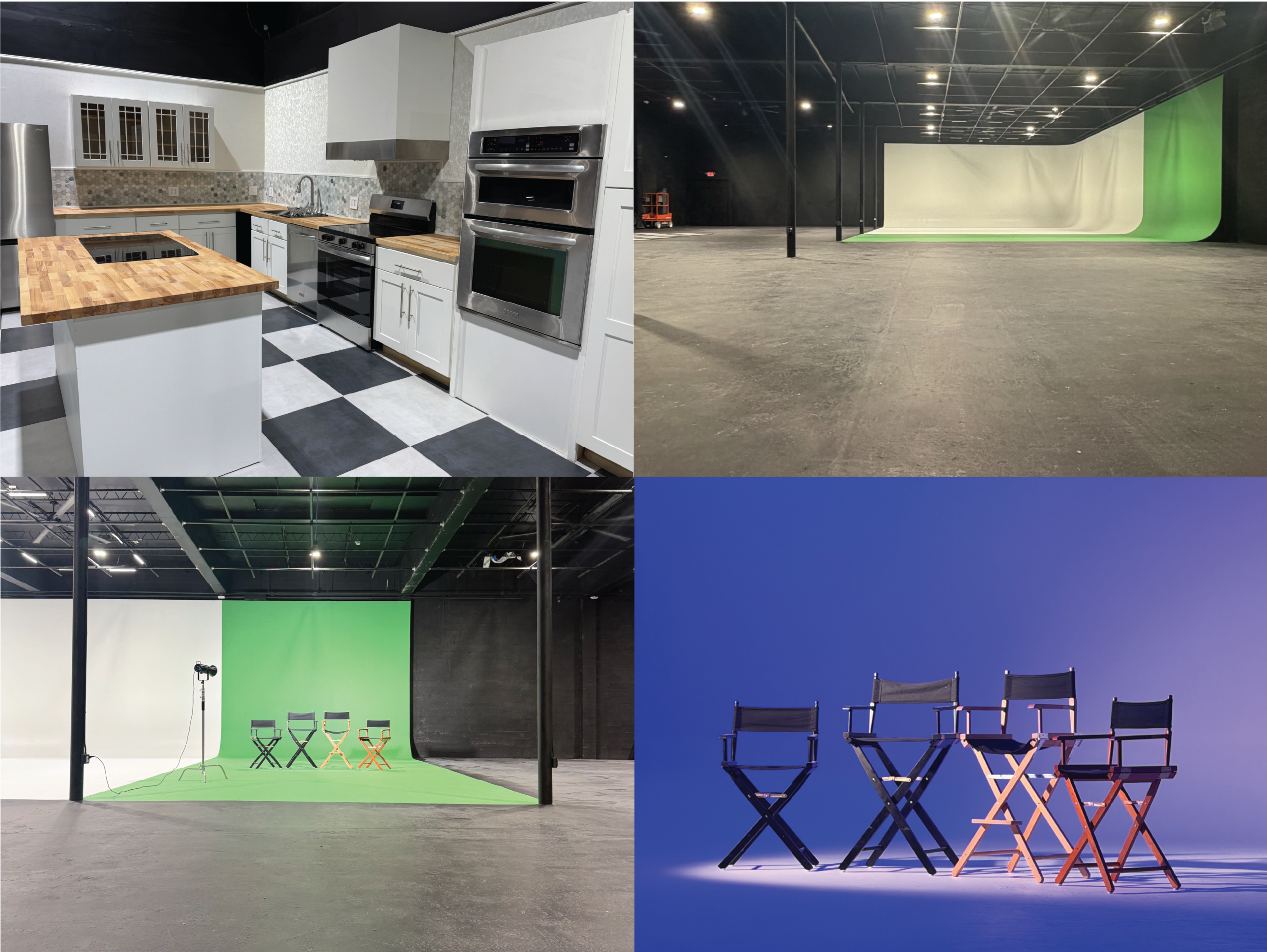 The image shows two contrasting settings: a modern kitchen in the top left and two studio spaces with green screens on the right and bottom, featuring empty director chairs.
