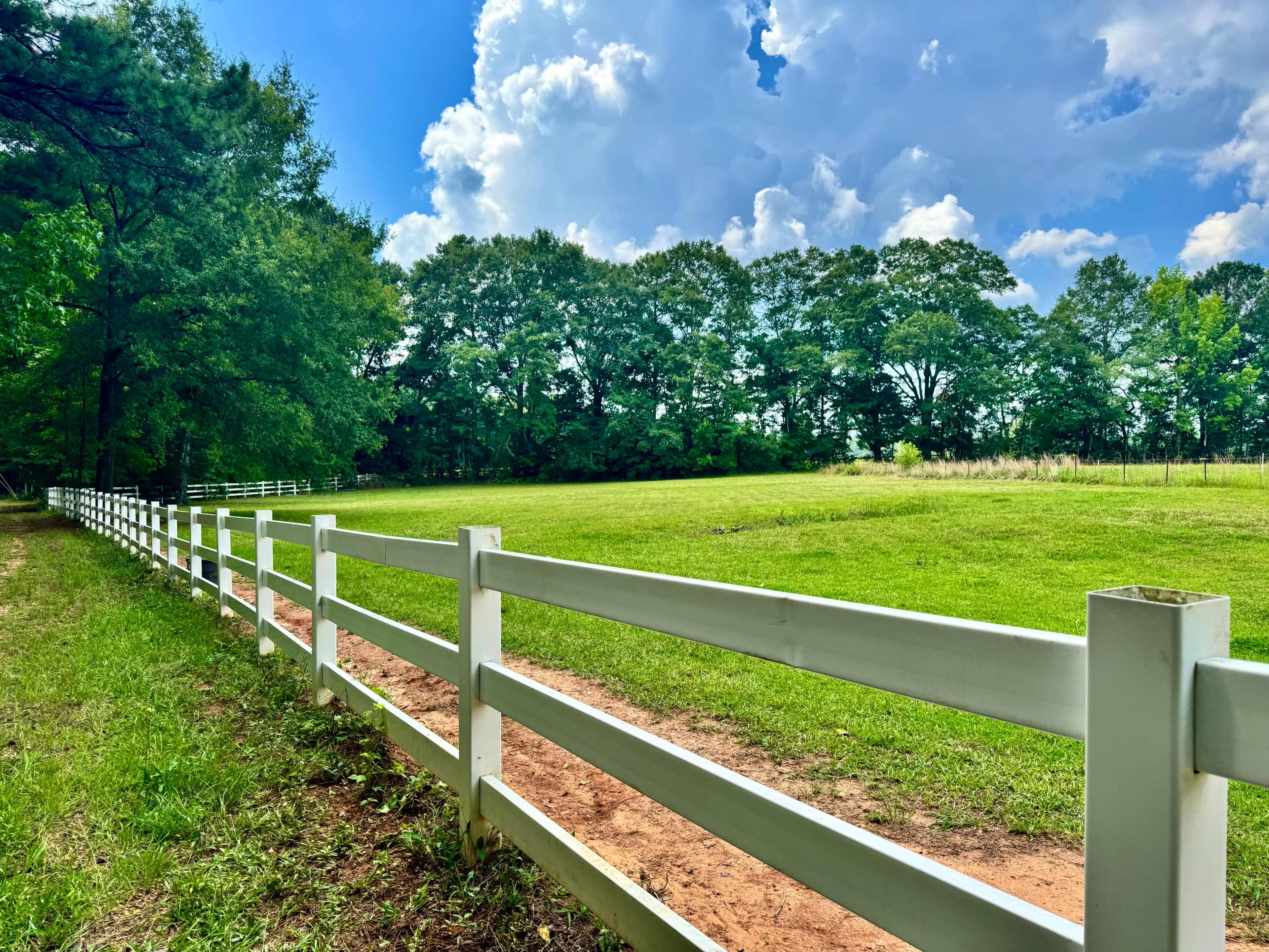 A white fence borders a grassy field under a partly cloudy blue sky, framed by a line of trees in the background.