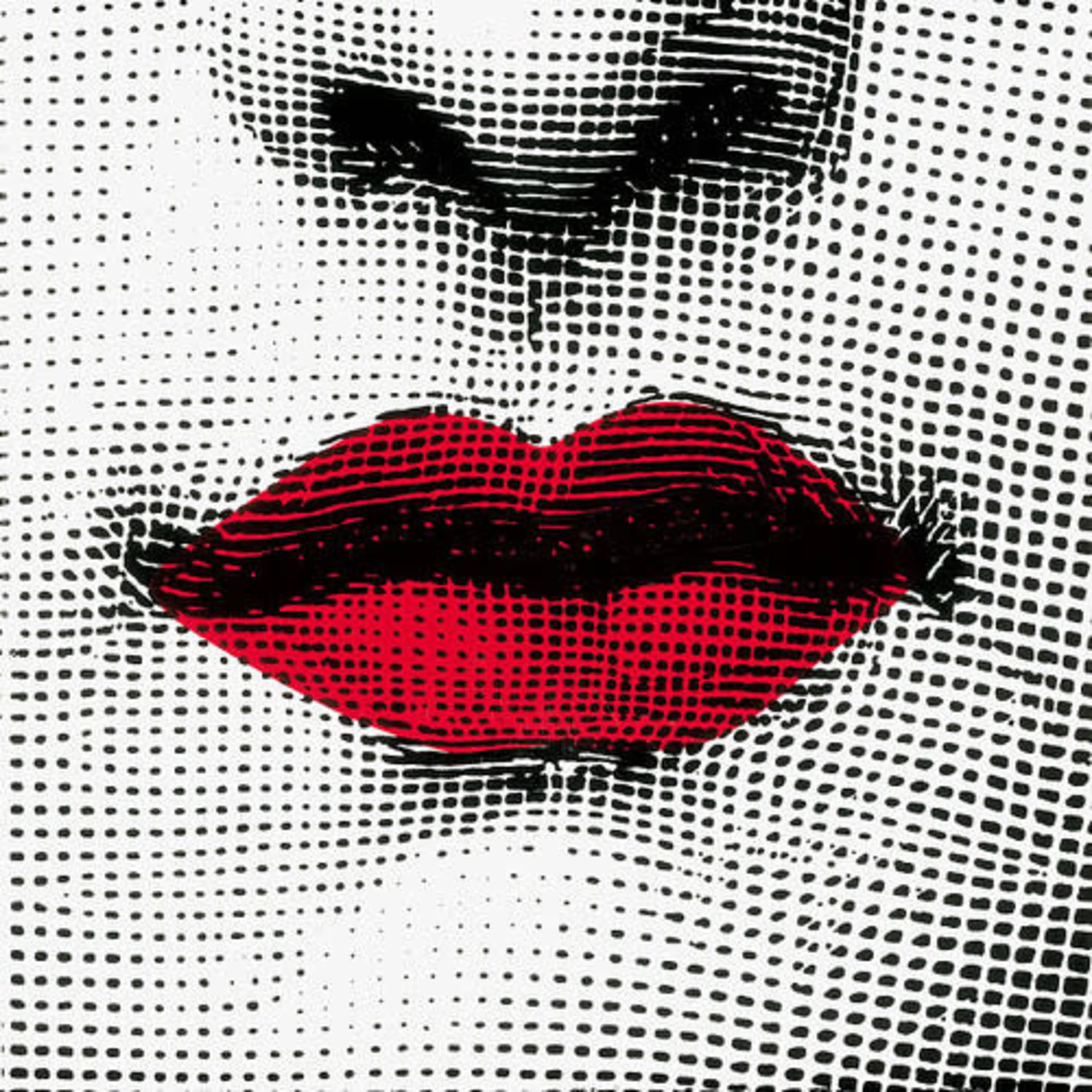A close-up of a pair of red lips against a stark black and white dotted background.