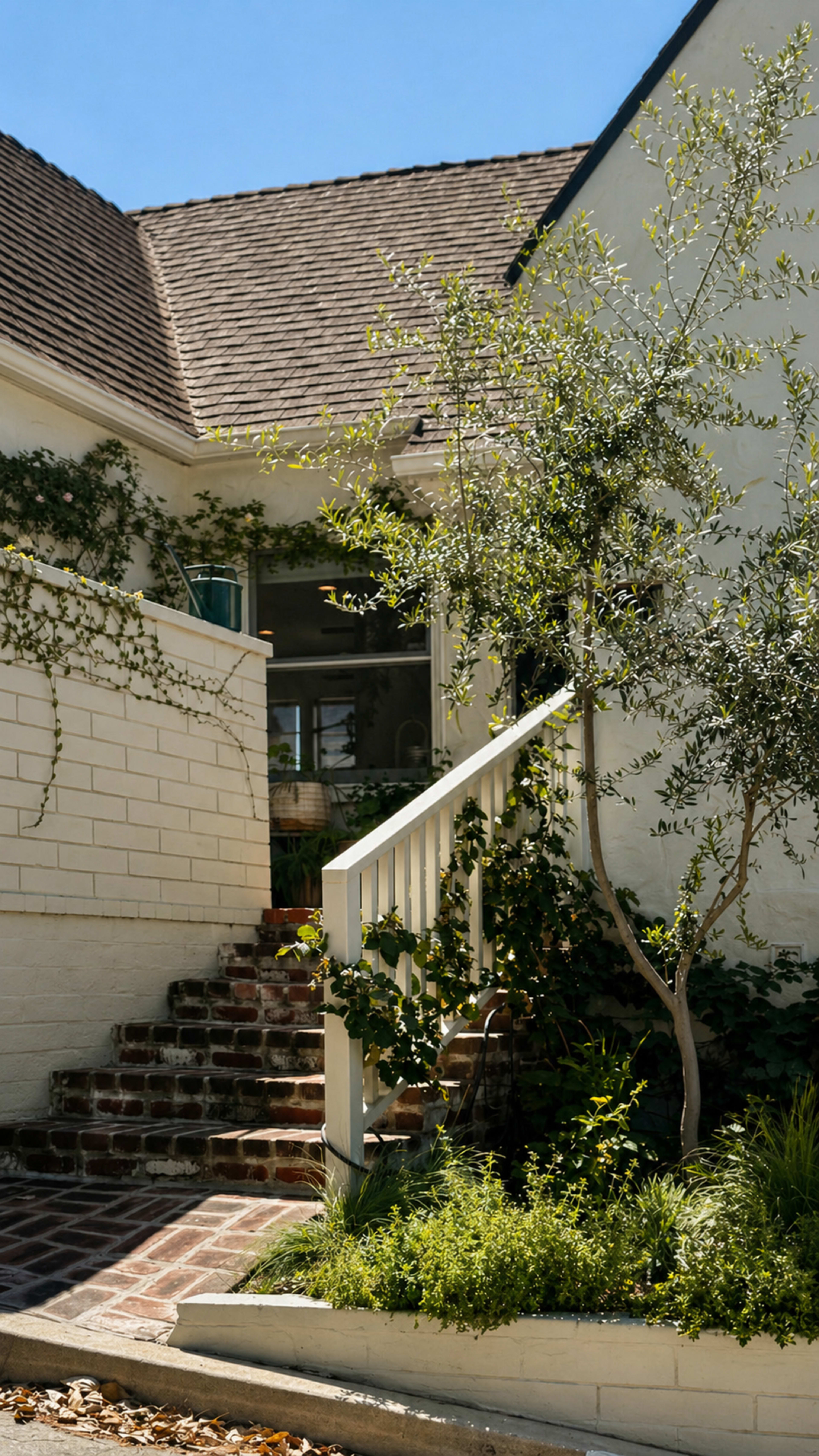 The image shows a charming house with a staircase leading up to a porch, surrounded by greenery and climbing plants.