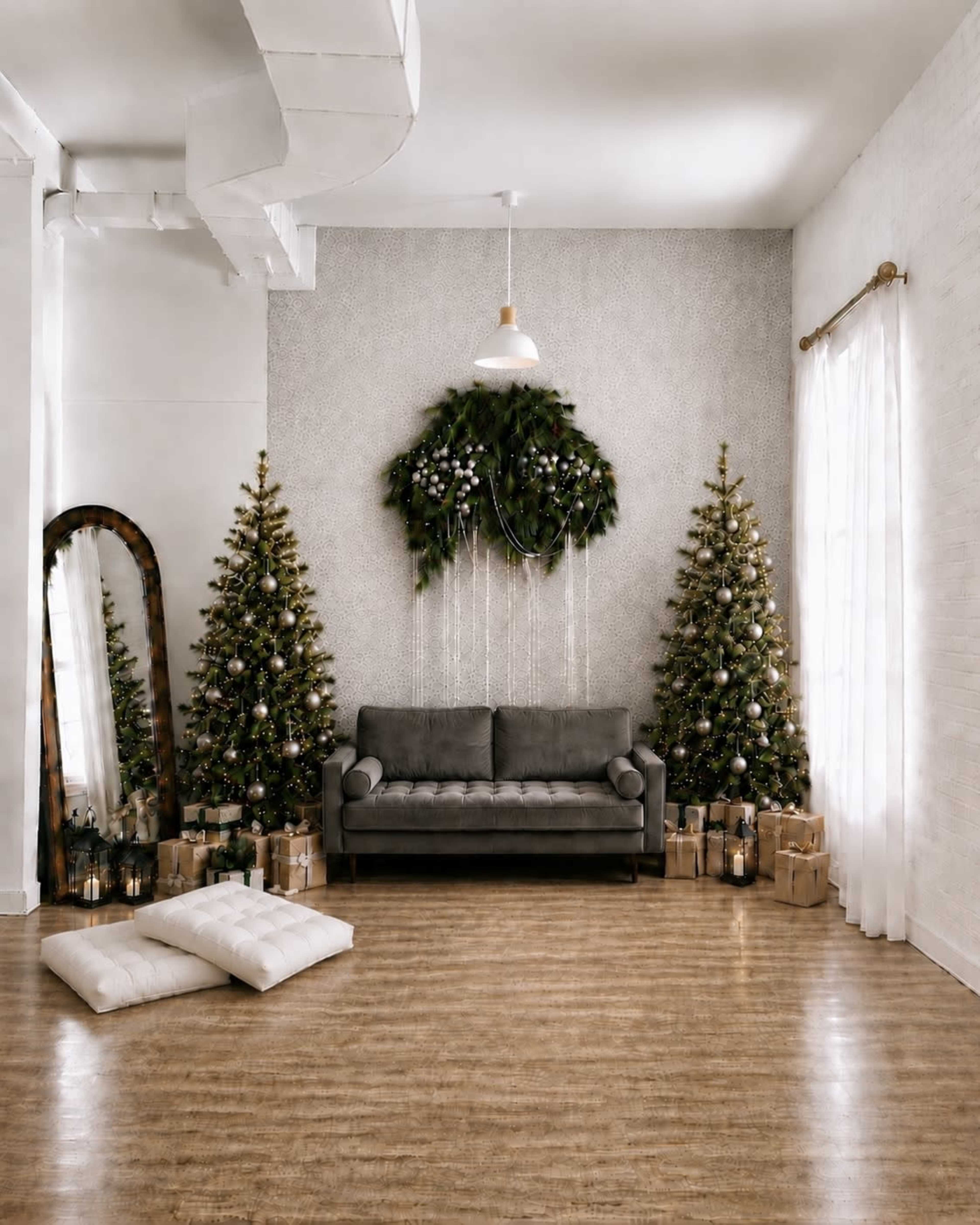 A cozy living room features a gray sofa flanked by two decorated Christmas trees and festive decorations, with a wooden floor and large windows allowing natural light to enter.