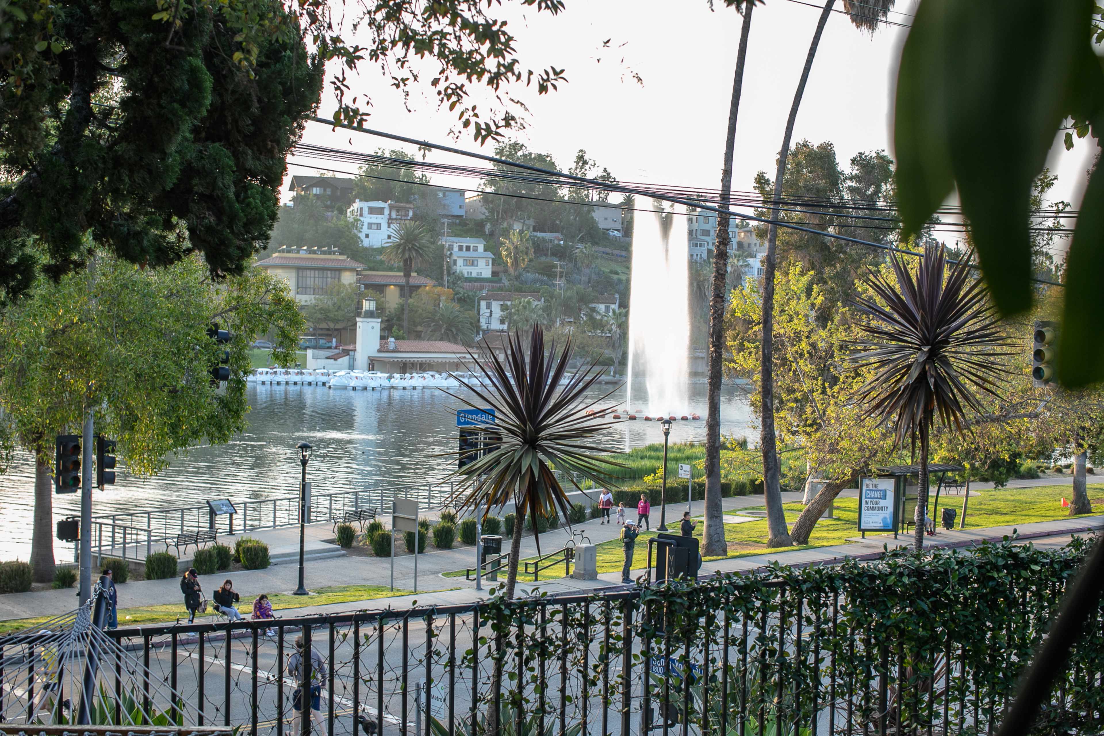 A tranquil lakeside park with a fountain, surrounded by greenery and a pathway lined with palm trees.