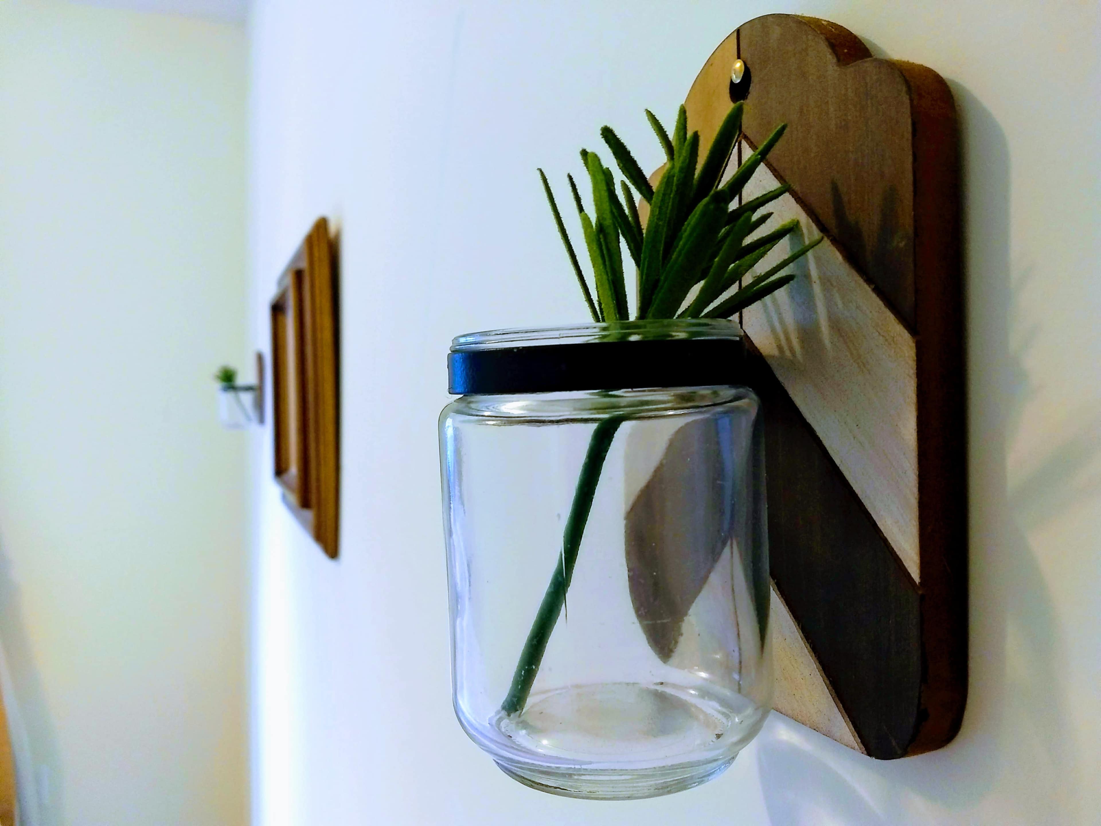 A glass jar with a black lid is mounted on a wooden wall piece, holding a green plant.