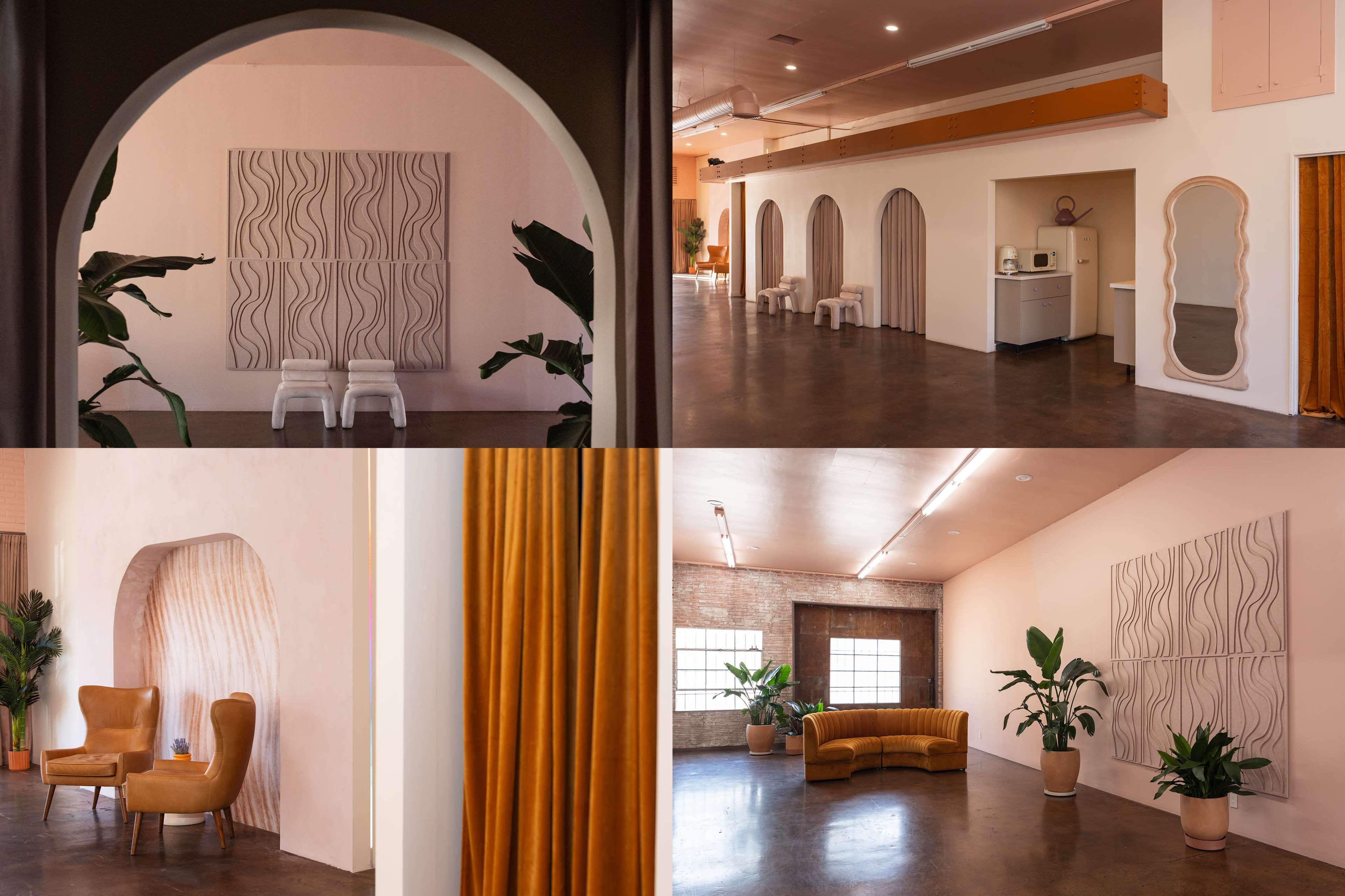 The image showcases a modern interior space featuring various seating areas, textured walls, and decorative plants.