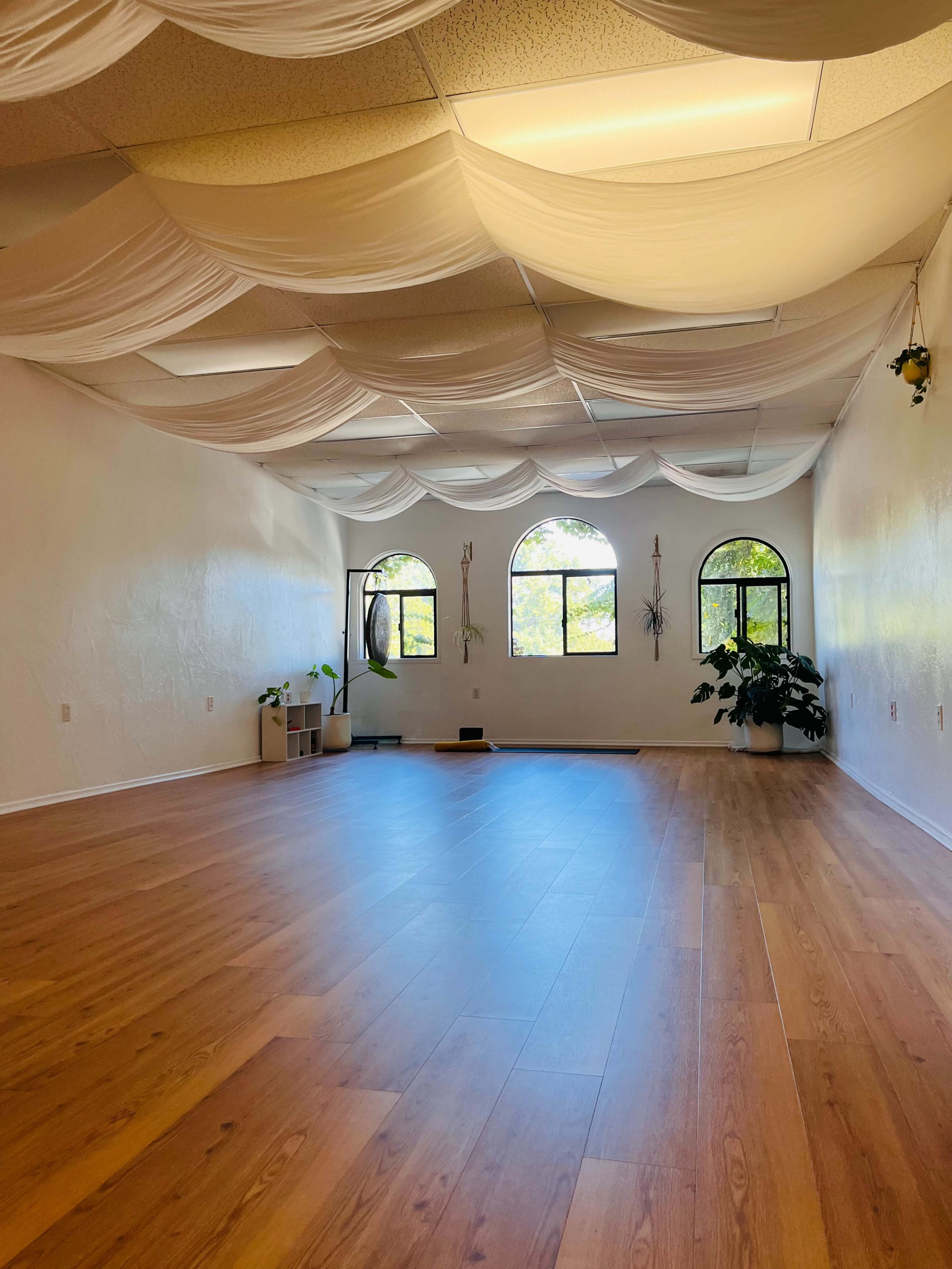 A spacious, bright room with wooden flooring, large arched windows, and draped fabric on the ceiling.