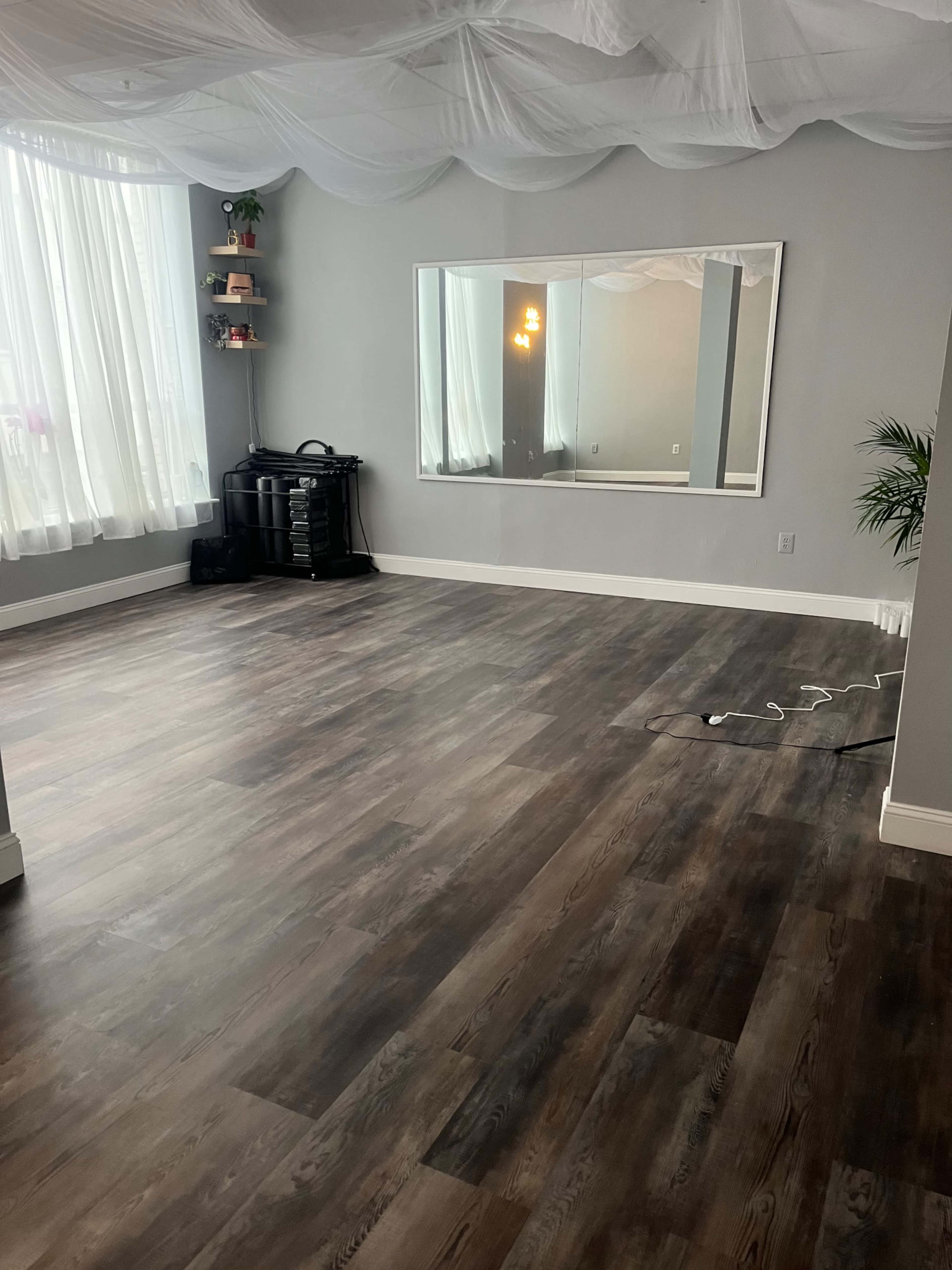 The image shows a spacious room with wood-like flooring, large windows covered by sheer curtains, a large mirror on the wall, and minimal furnishings including a plant and a storage unit.