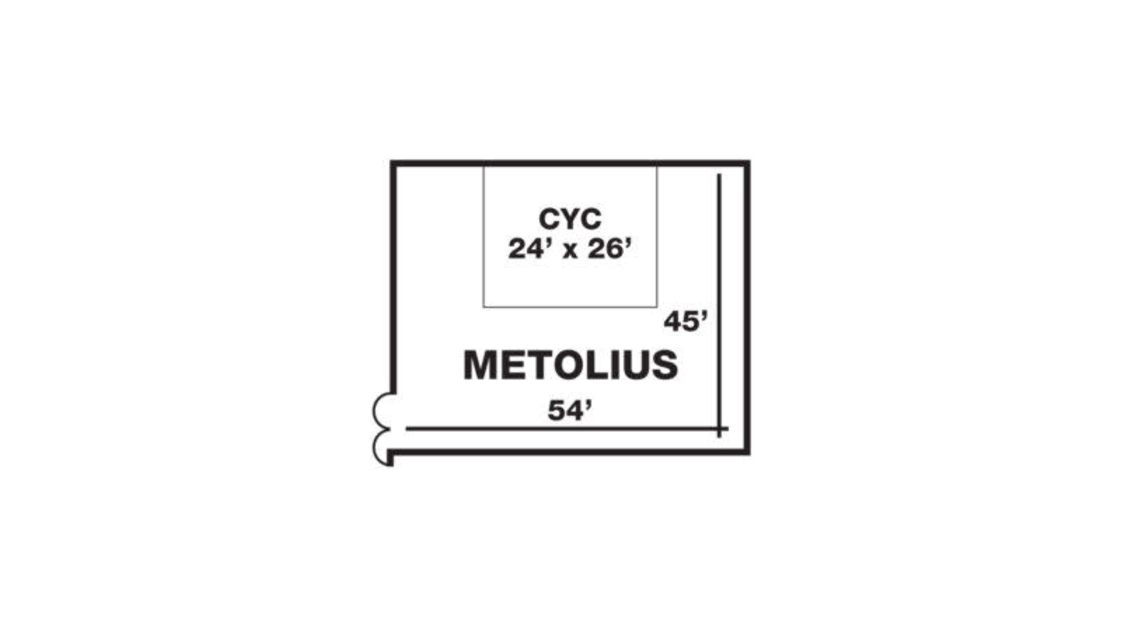 A floor plan layout featuring a cyc wall measuring 24 feet by 26 feet and an adjacent area labeled "Metolius" measuring 54 feet by 45 feet.