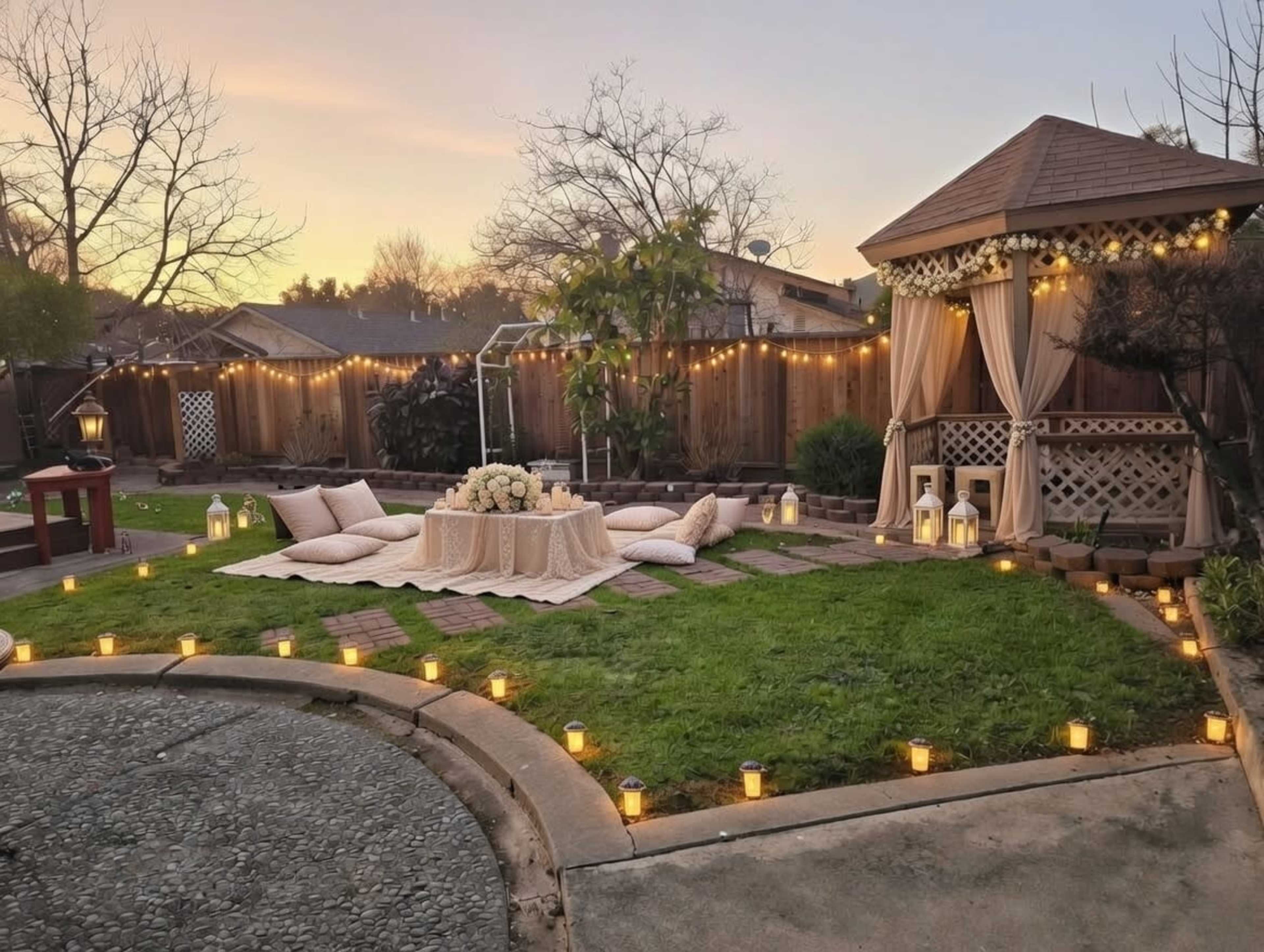 The image shows a backyard decorated with soft seating, floral arrangements, and illuminated lanterns, all arranged around a grassy area near a gazebo during sunset.