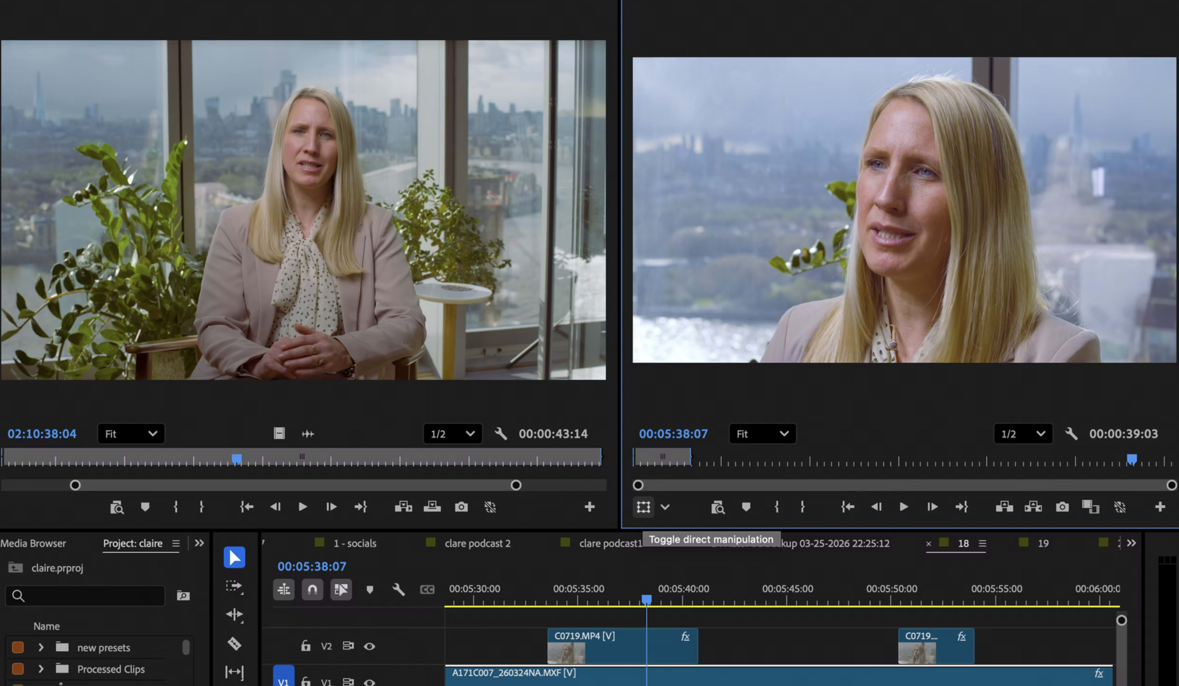 The image shows a video editing interface with a split screen featuring a woman speaking in a well-lit room and a view of a city skyline outside the window.