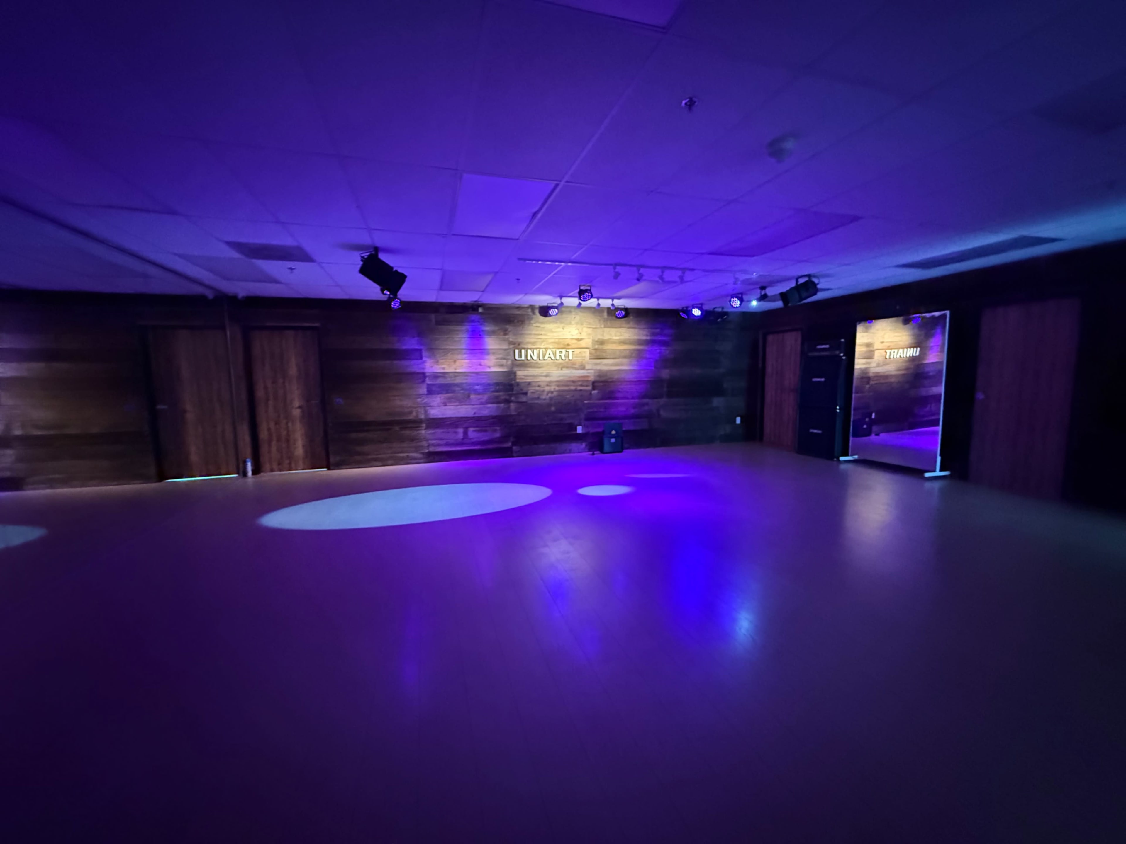 The image shows an empty room with wooden walls and purple lighting, featuring a large mirror and a sound speaker.