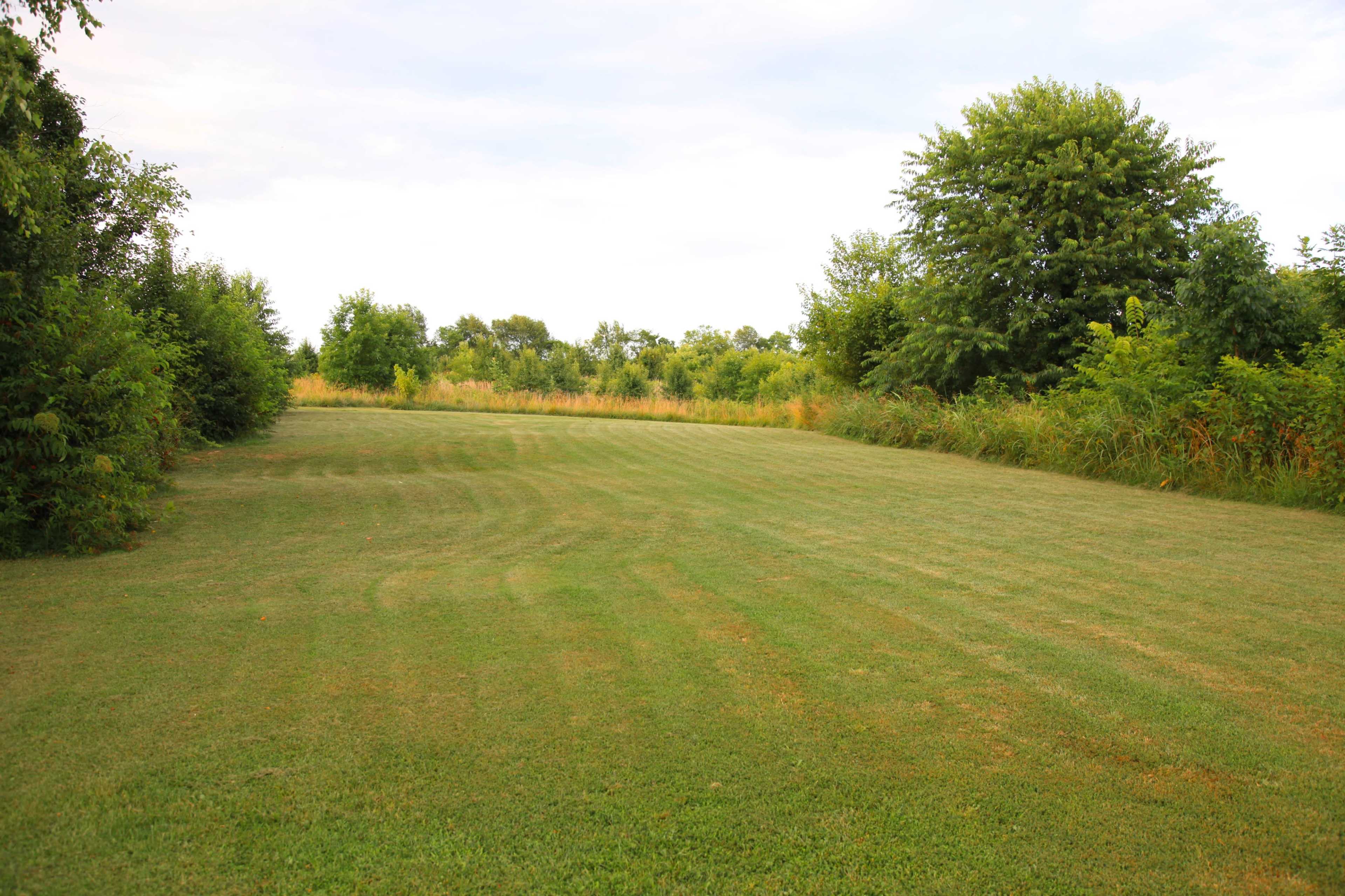 A neatly mowed grassy area bordered by trees and shrubs stretches into the distance under a cloudy sky.