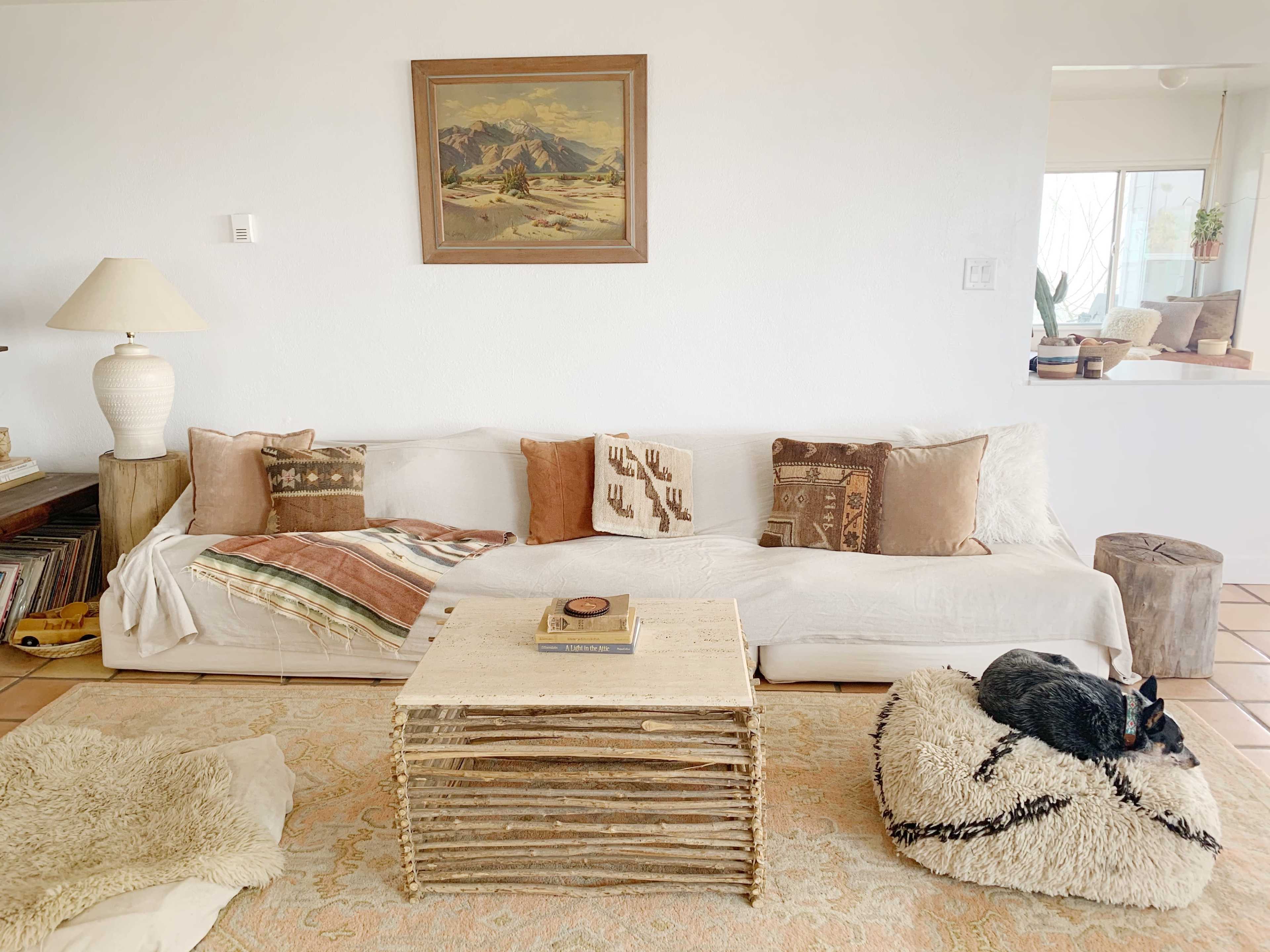 A light-colored living room features a sofa adorned with decorative pillows, a rustic coffee table made of branches, and a cat resting on a fluffy surface.