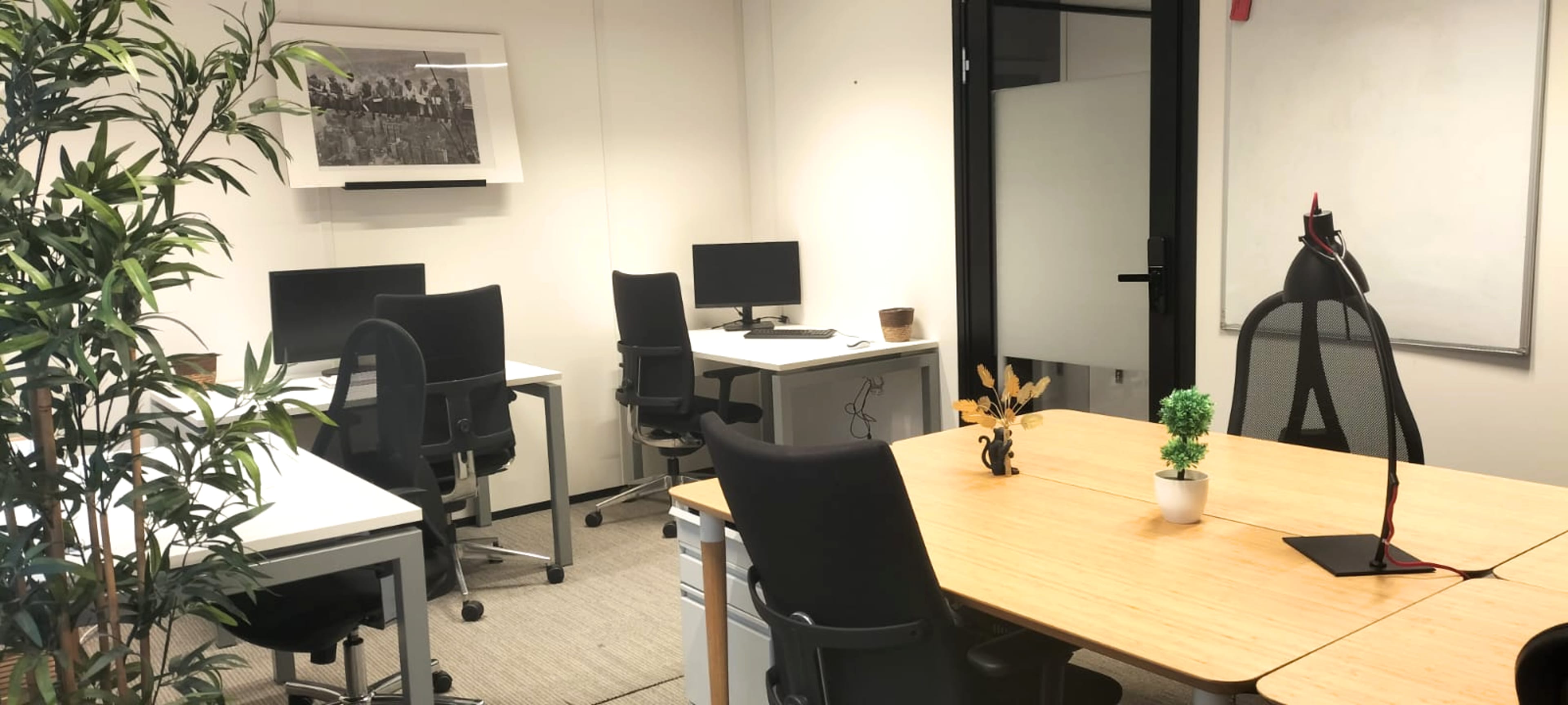 The image shows a modern office space with four workstations, each equipped with computers, a central meeting table, and potted plants.