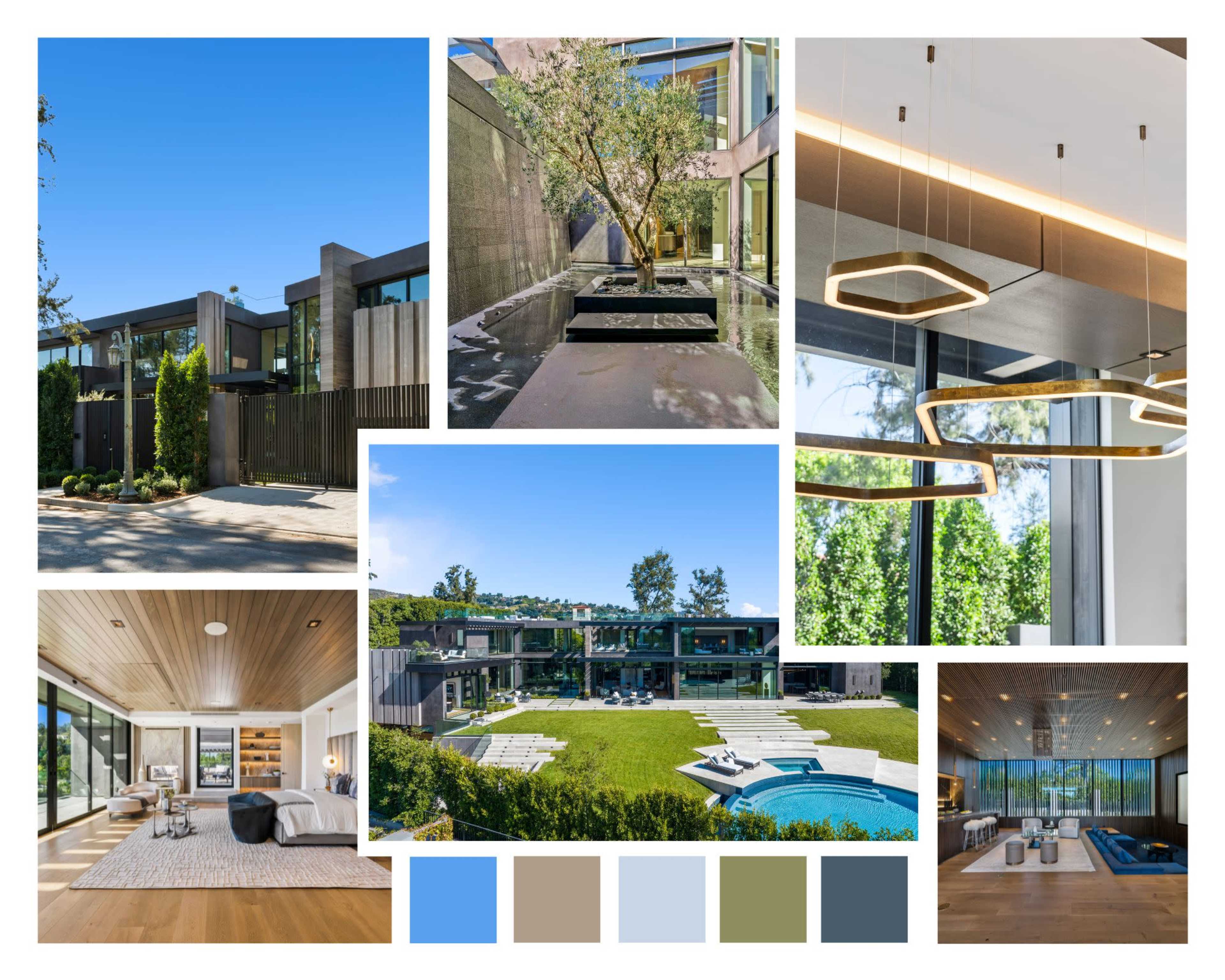 The image showcases a modern luxury home with a landscaped exterior, a pool, elegant interiors, and a harmonious blend of natural light and contemporary design elements.