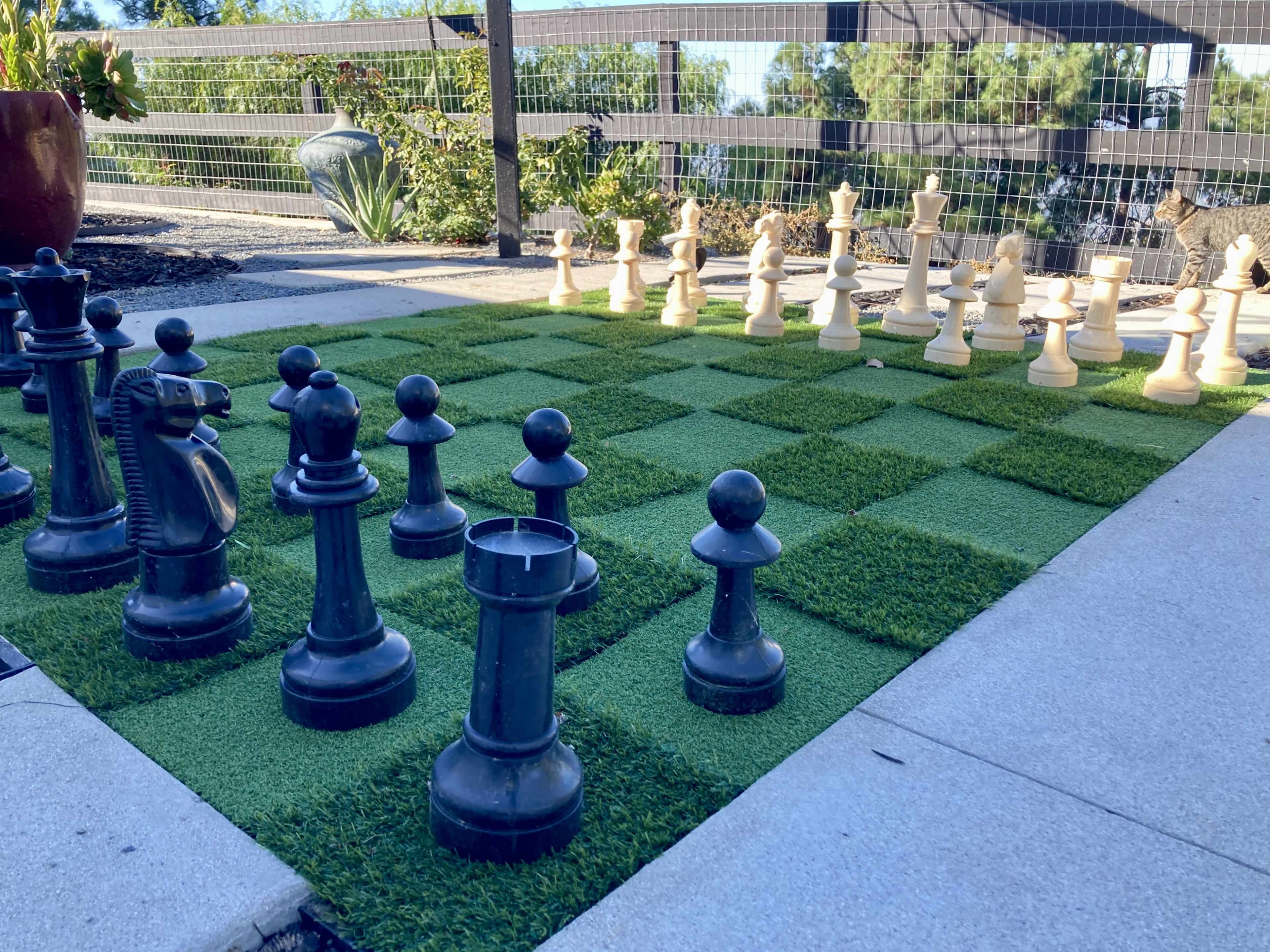 A large outdoor chessboard with oversized black and white pieces is set on a grassy surface.