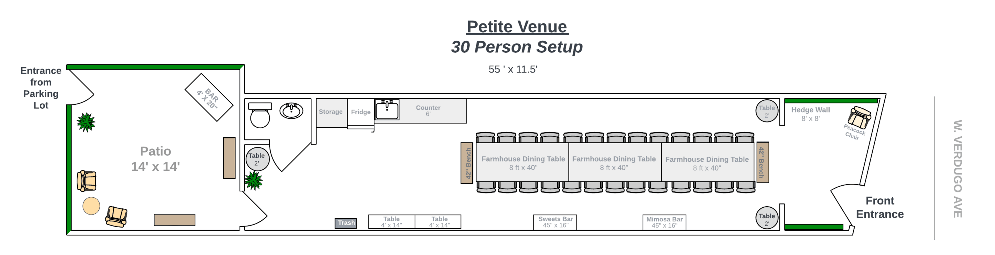 The layout depicts a petite venue designed for a 30-person setup, featuring a dining area with a farmhouse table, kitchen facilities, and a patio.