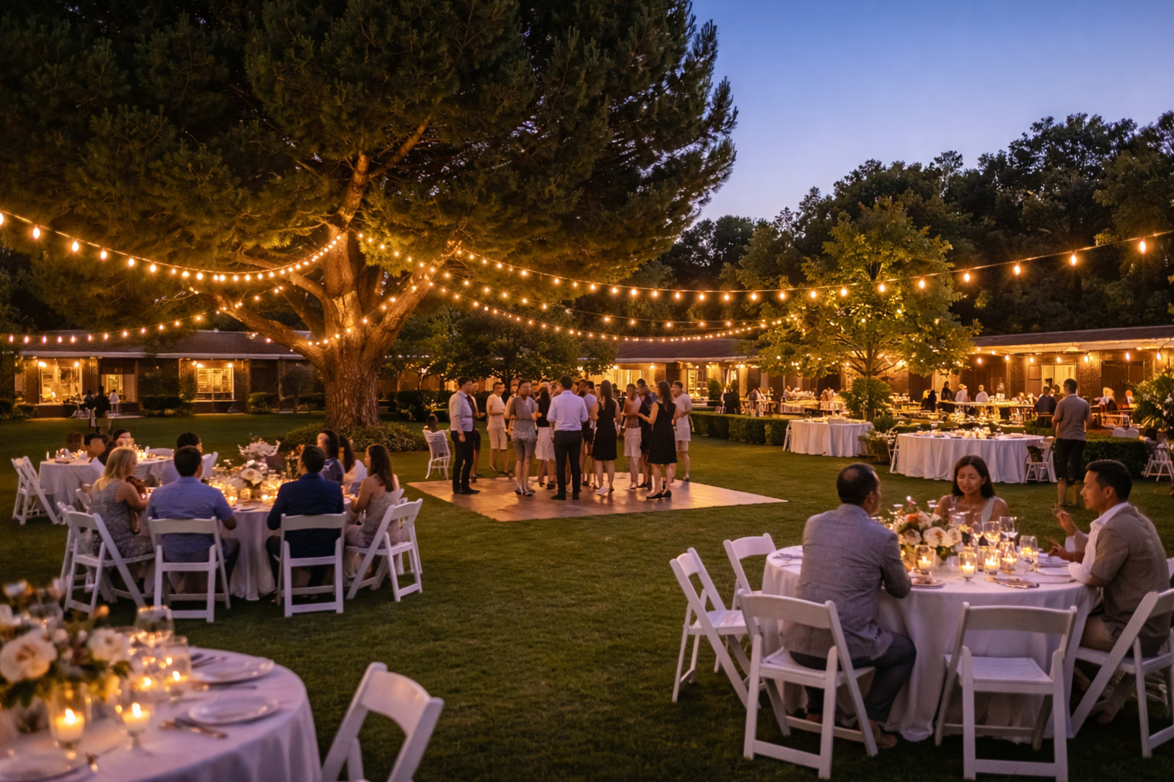 A garden setting is illuminated by string lights as guests gather around tables for an evening event.