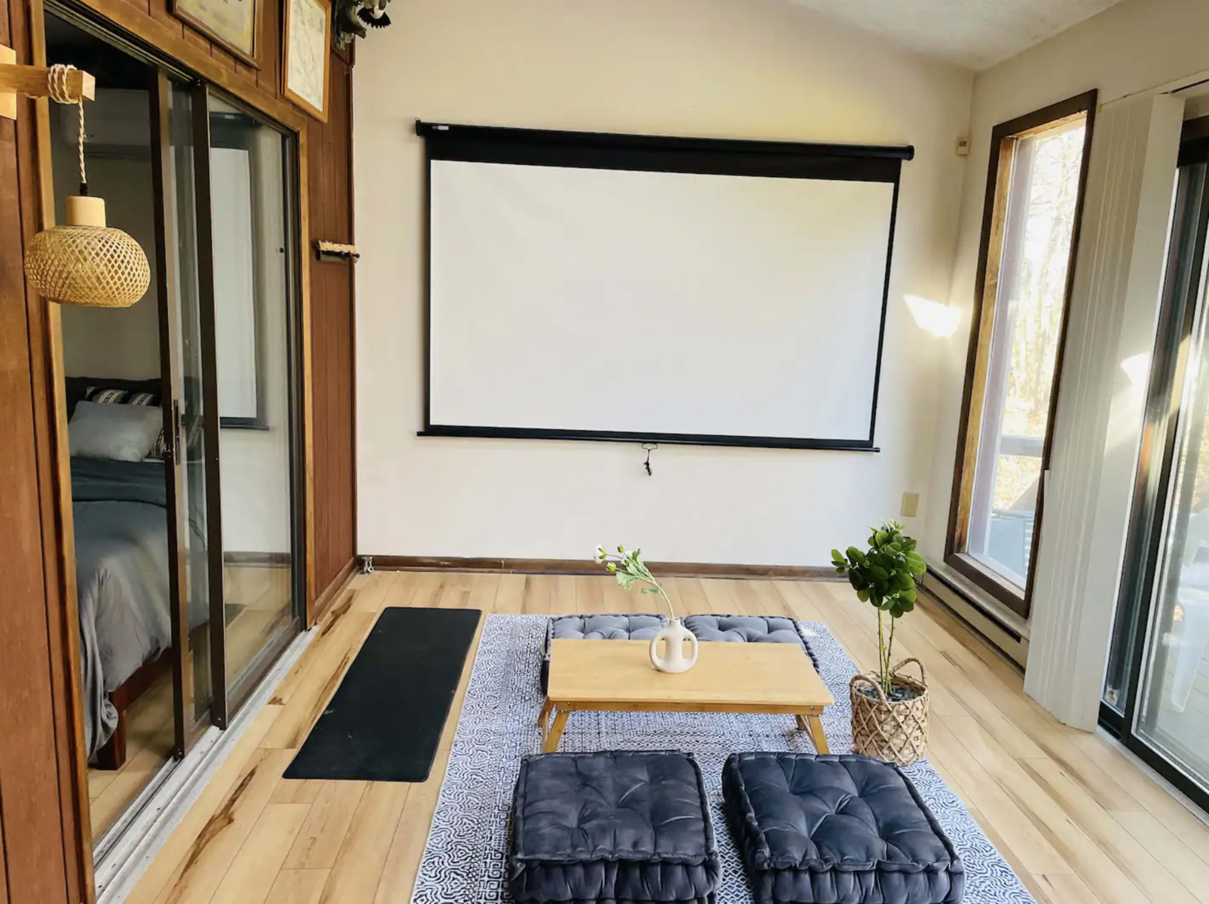 The room features a large retractable projection screen, a low wooden table with a vase, two floor cushions, and large windows allowing natural light.