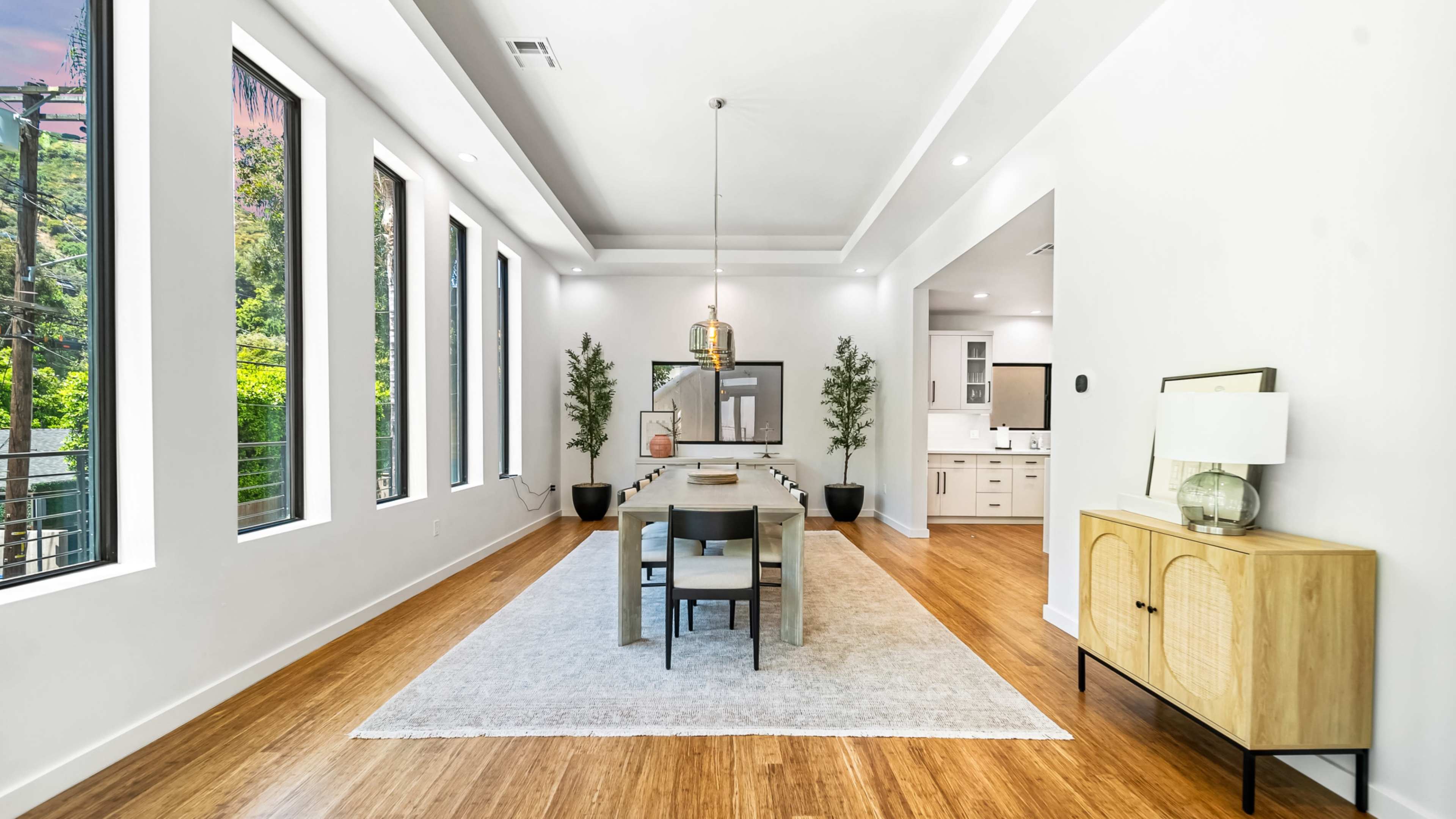 A modern dining area features a long wooden table surrounded by chairs, with large windows allowing natural light and potted plants alongside the walls.
